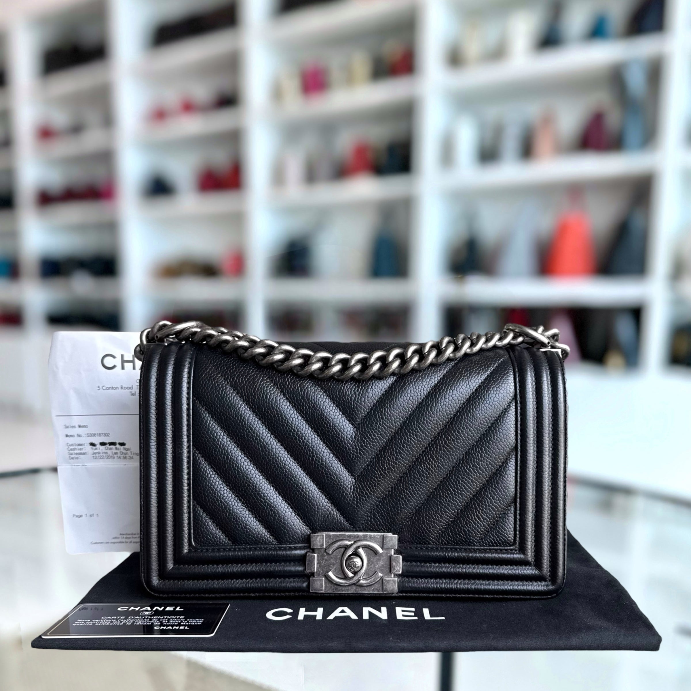 Chanel Boy Medium - Caviar 25CM Chevron Black Ruthenium Silver Hardware Series 29