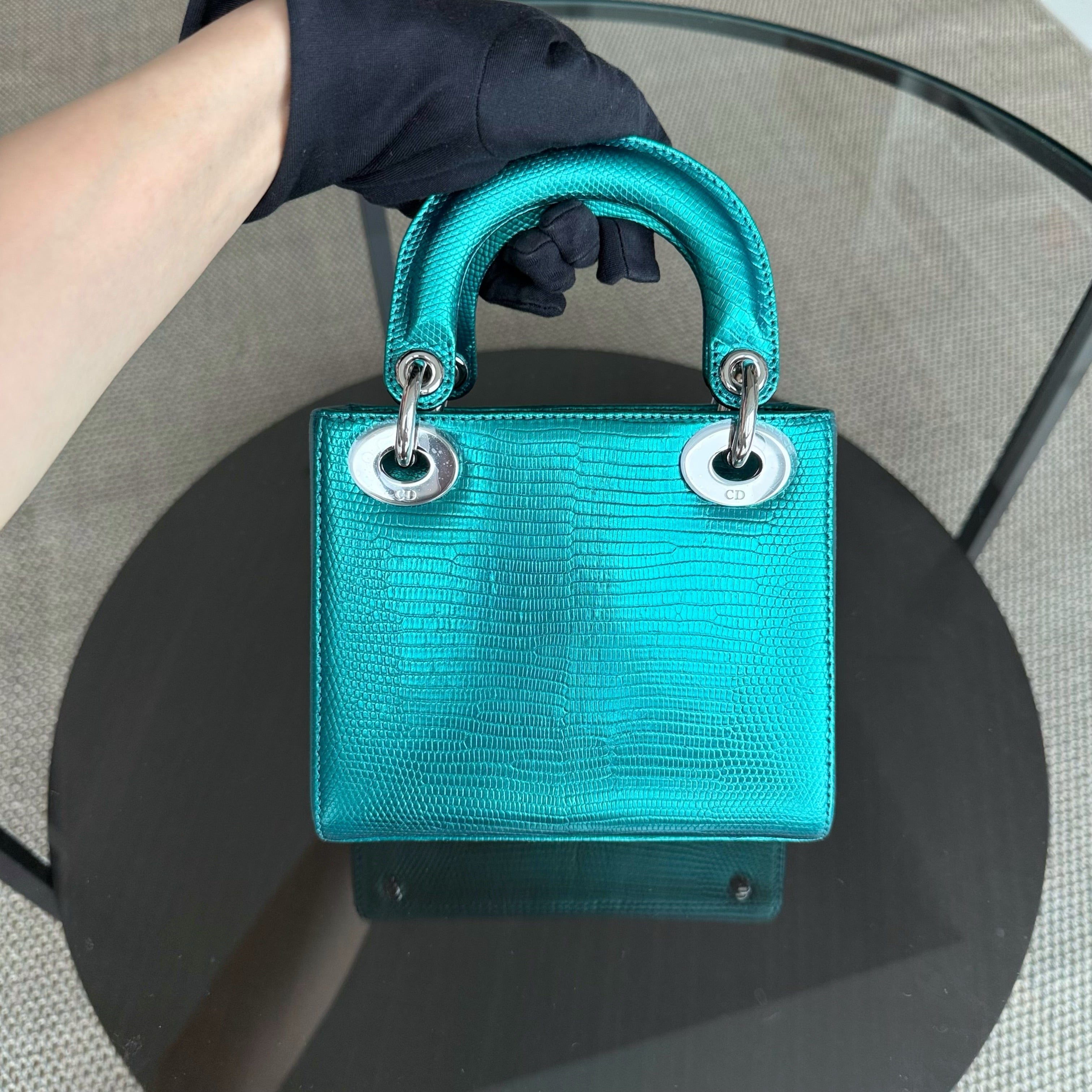 Dior Lady Mini - Exotic Lizard Green color Silver Hardware