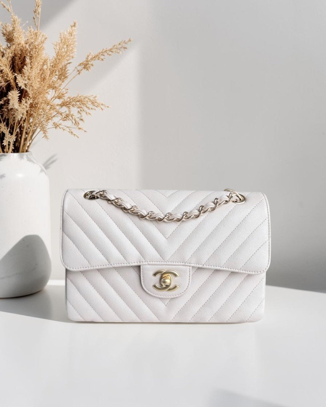 Chanel Classic Flap Small - Caviar 23CM Chevron Cream White Gold Hardware Series 26