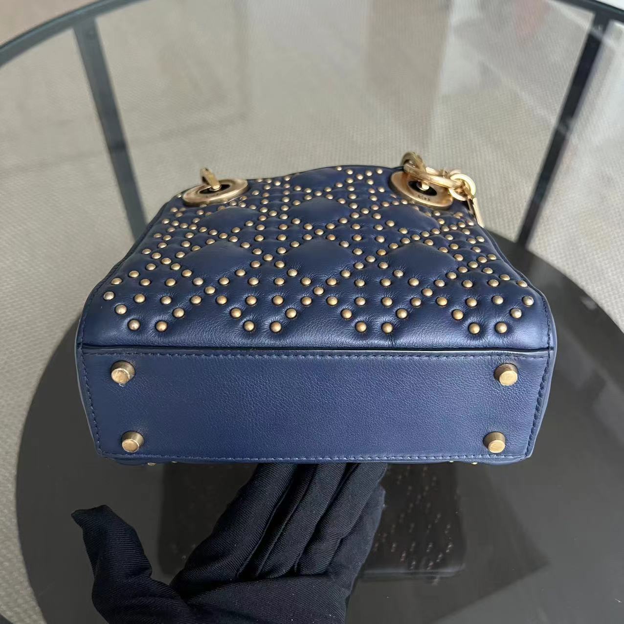 Dior Lady Mini - Studded Calfskin Dark Blue Golden Hardware