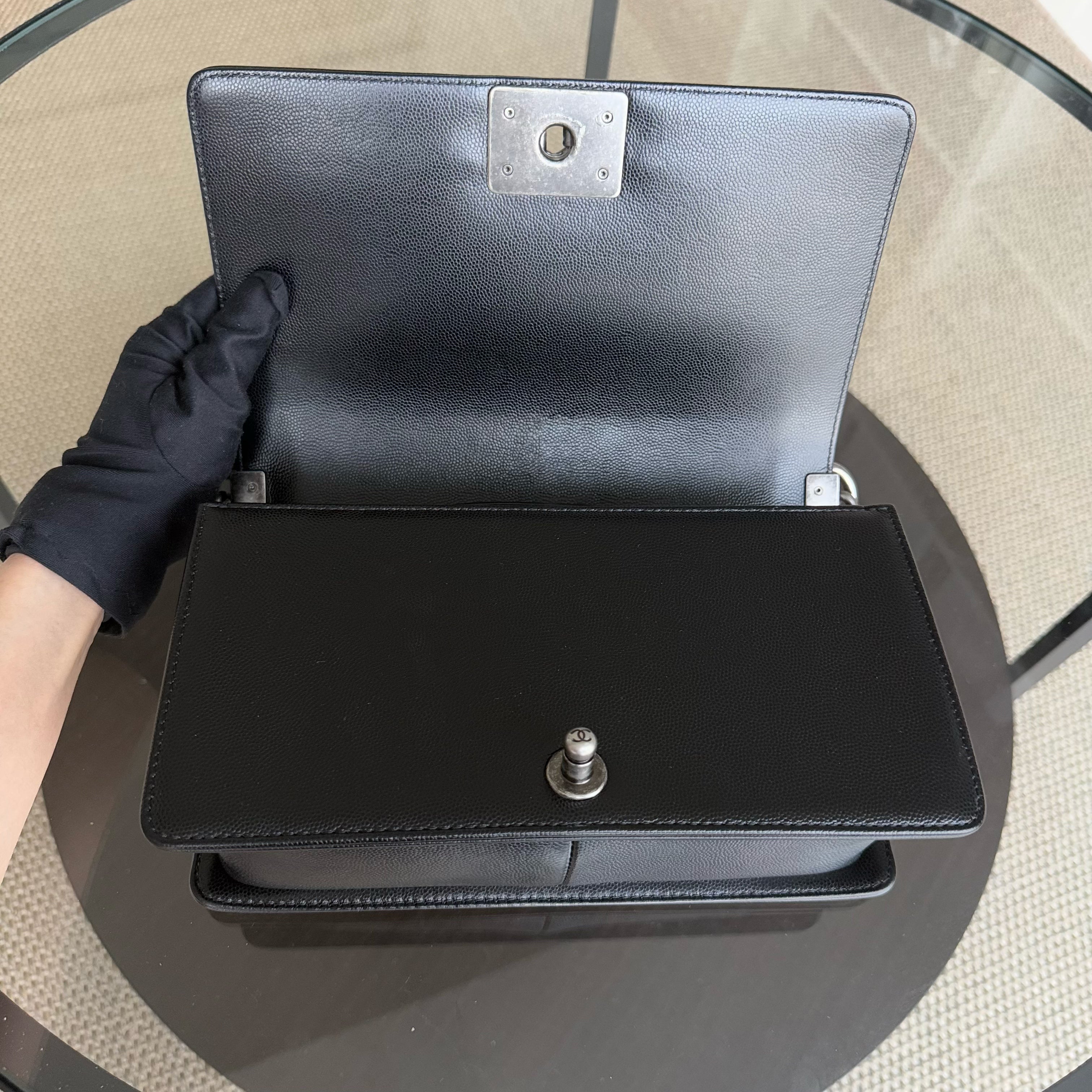 Chanel Boy Medium - Caivar 25CM Quilted Black Ruthenium Silver Hardware