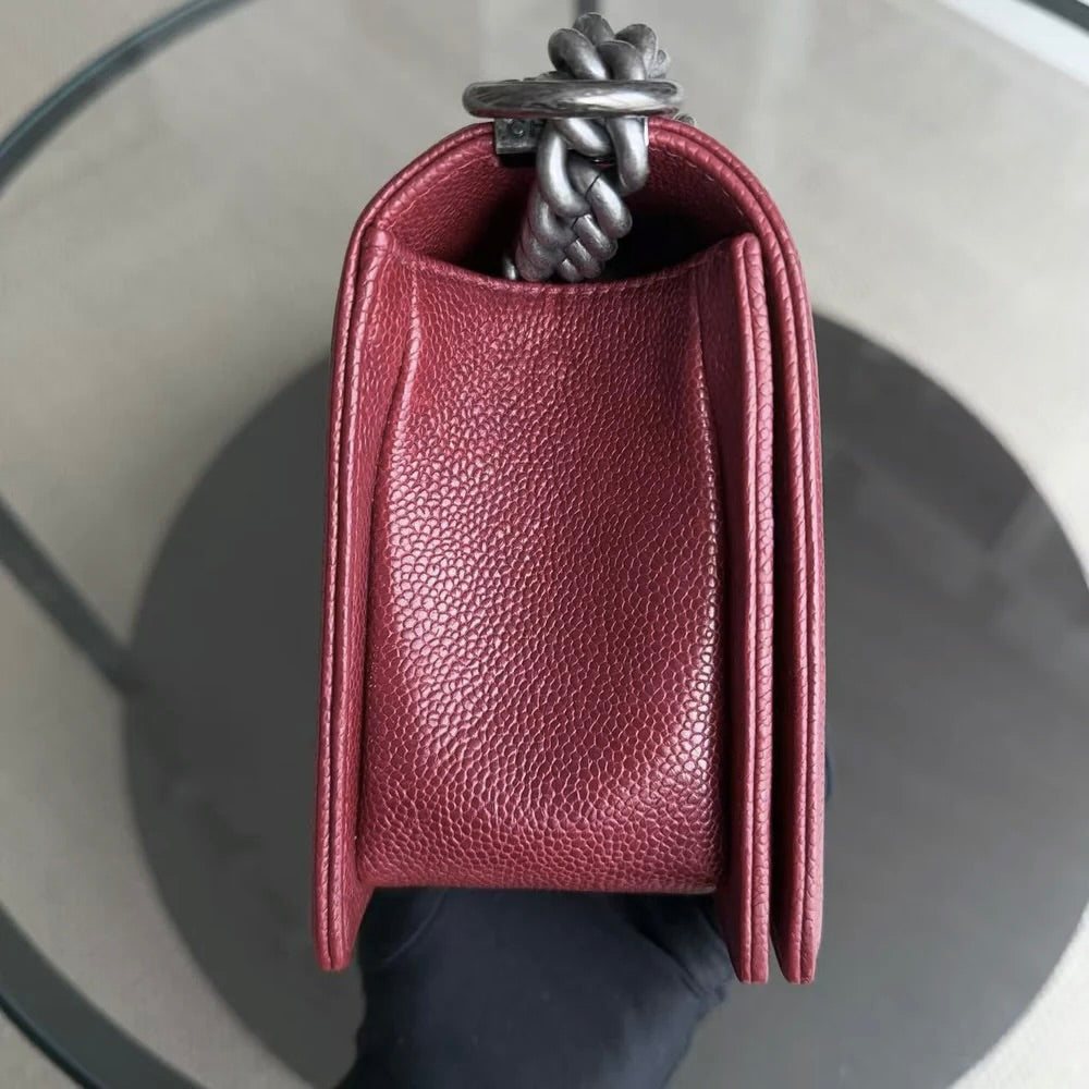 Chanel Boy Medium - Caviar 25CM Quilted Burgundy Dark Red Ruthenium Silver Hardware Series 19