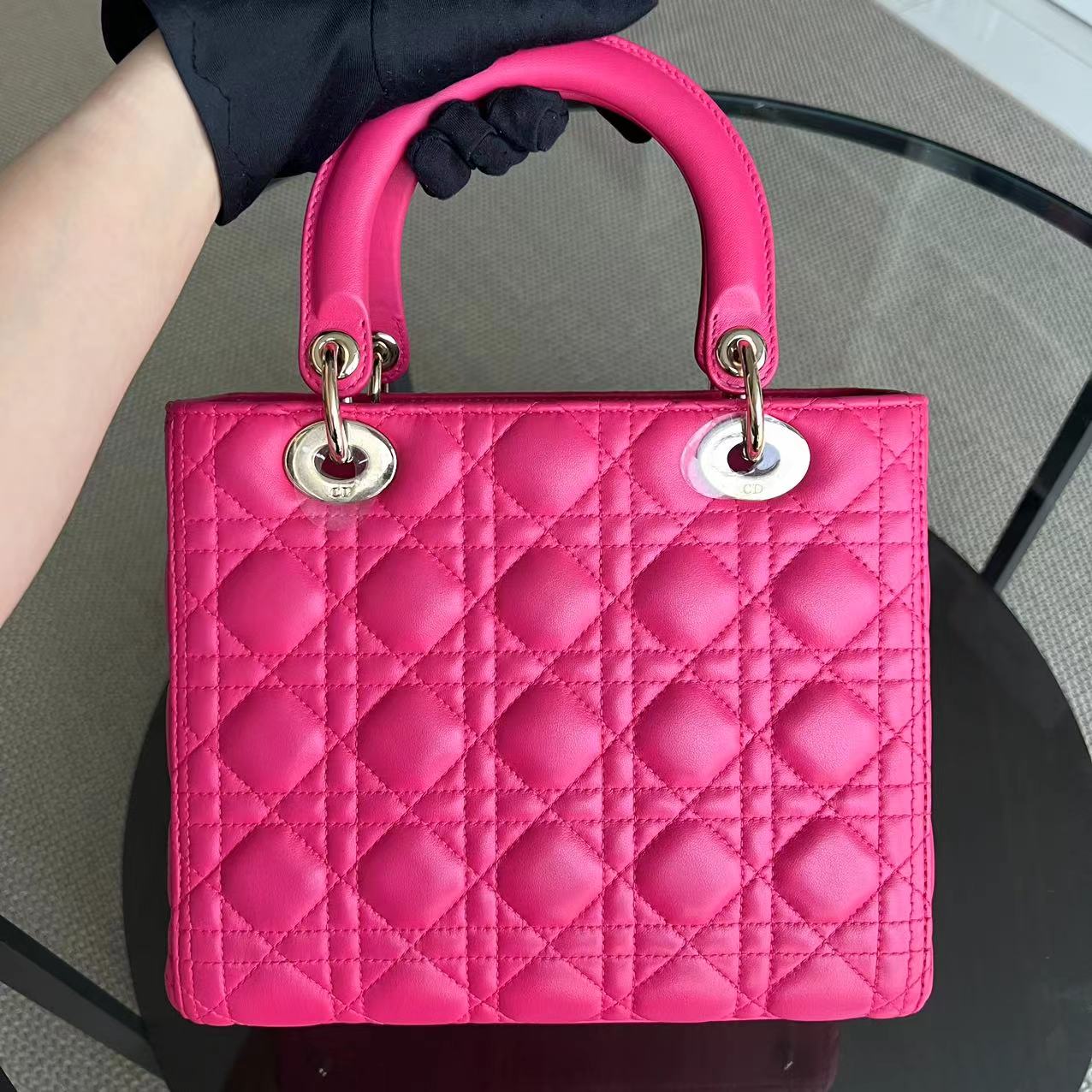 Dior Lady Medium - Cannage Lambskin Hot Pink Golden Hardware
