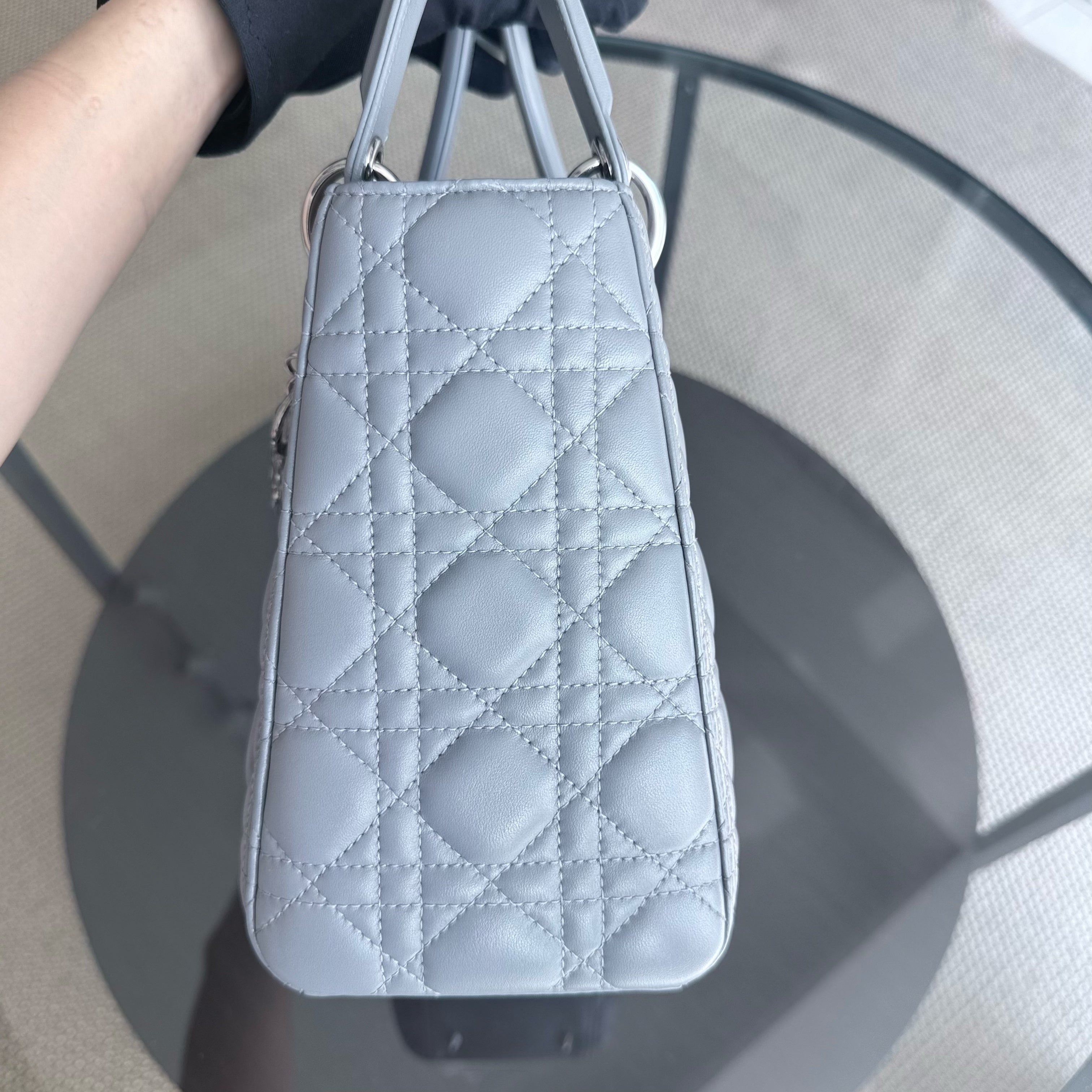 Dior Lady Medium - Cannage Lambskin Grey Gray Silver Hardware