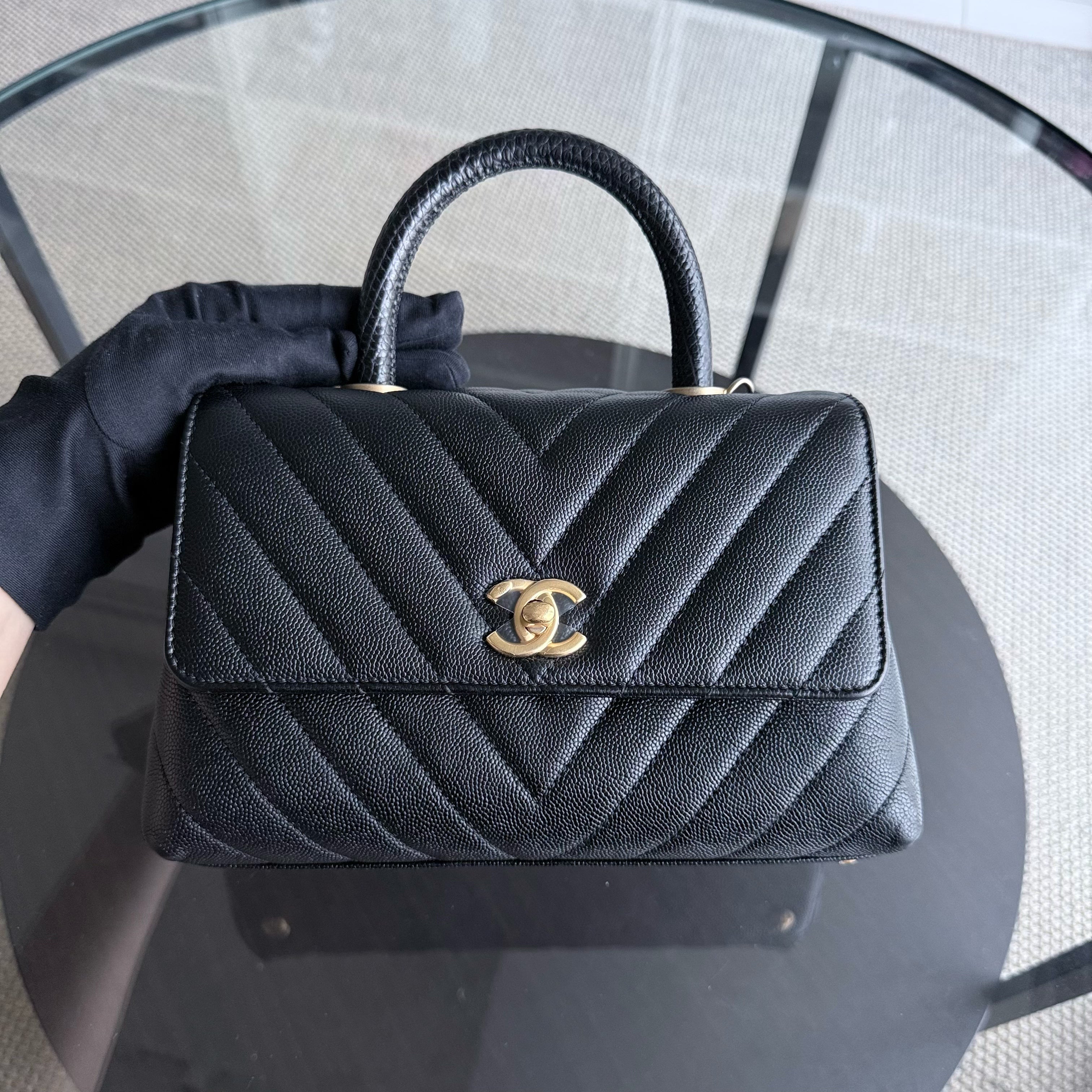Chanel Coco Handle Small - Caviar Chevron Grained Calfskin Black Gold Hardware Series 26