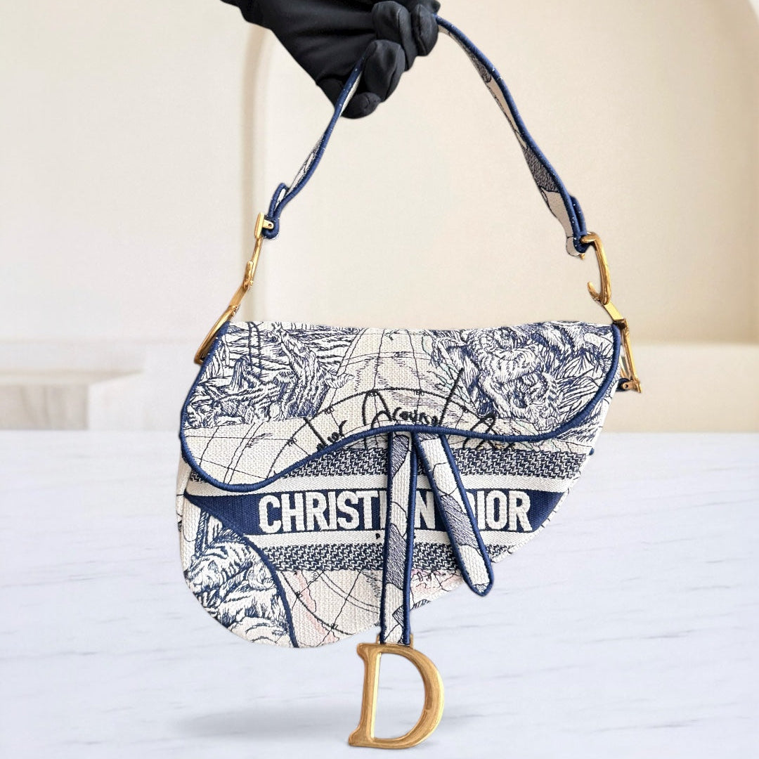 Dior Saddle Medium Blue Toile De Jouy Embroidery Canvas AGHW