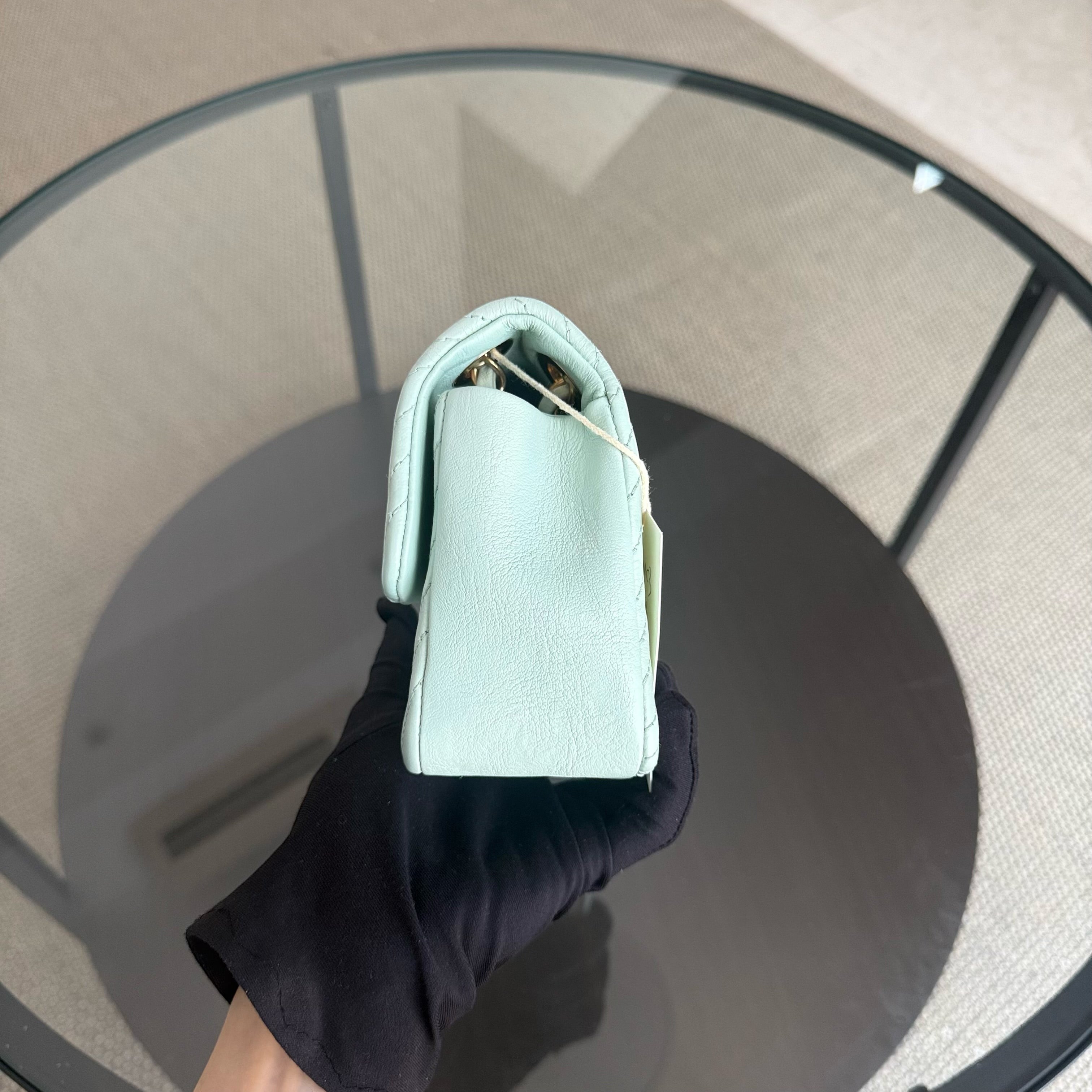 Chanel Seasonal Flap Small - 23CM Surpique CC Herringbone Medallion Flap Chevron Mint Green Gold Hardware Series 20