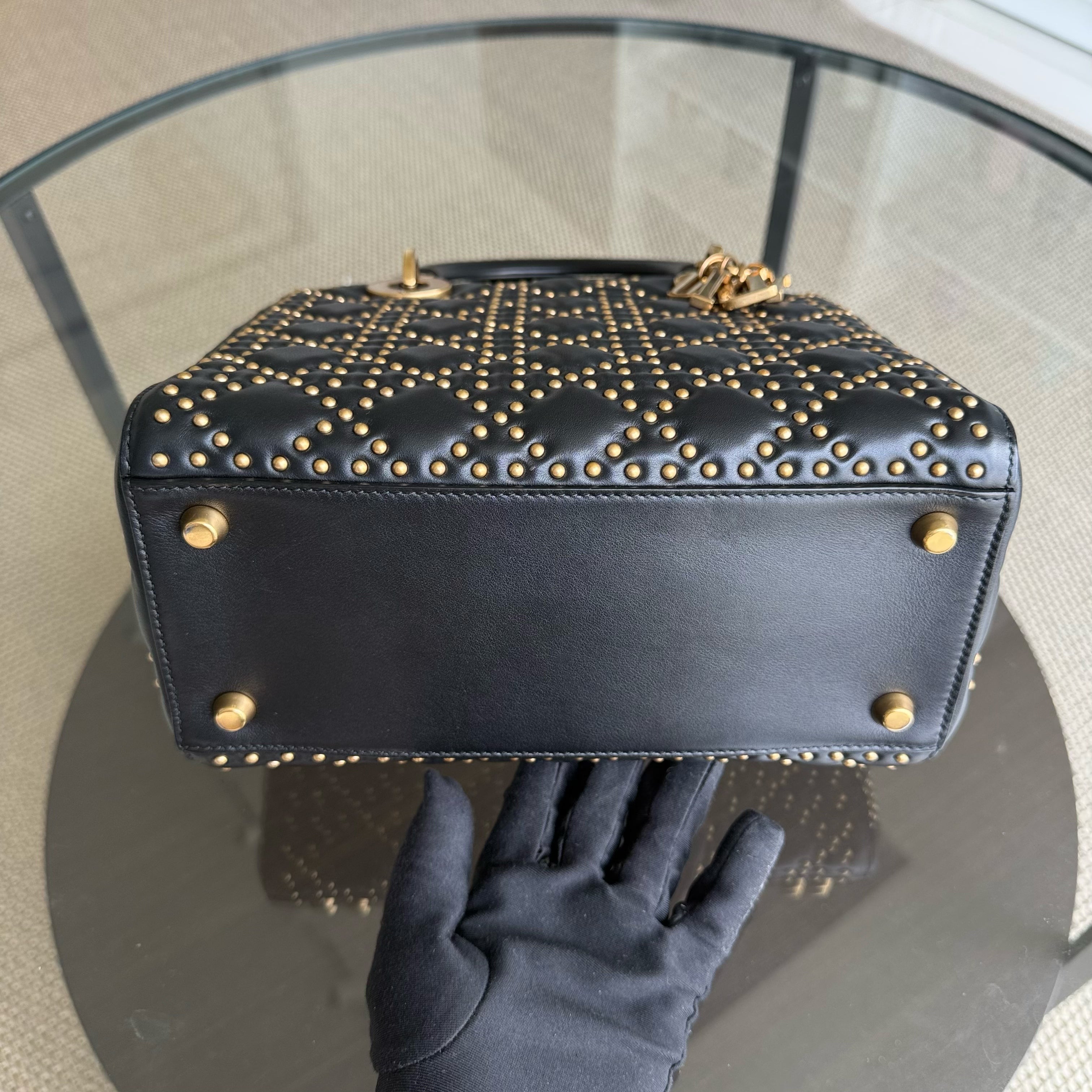 Dior Lady Medium Flap - Studded Cannage Calfskin Black Gold Hardware