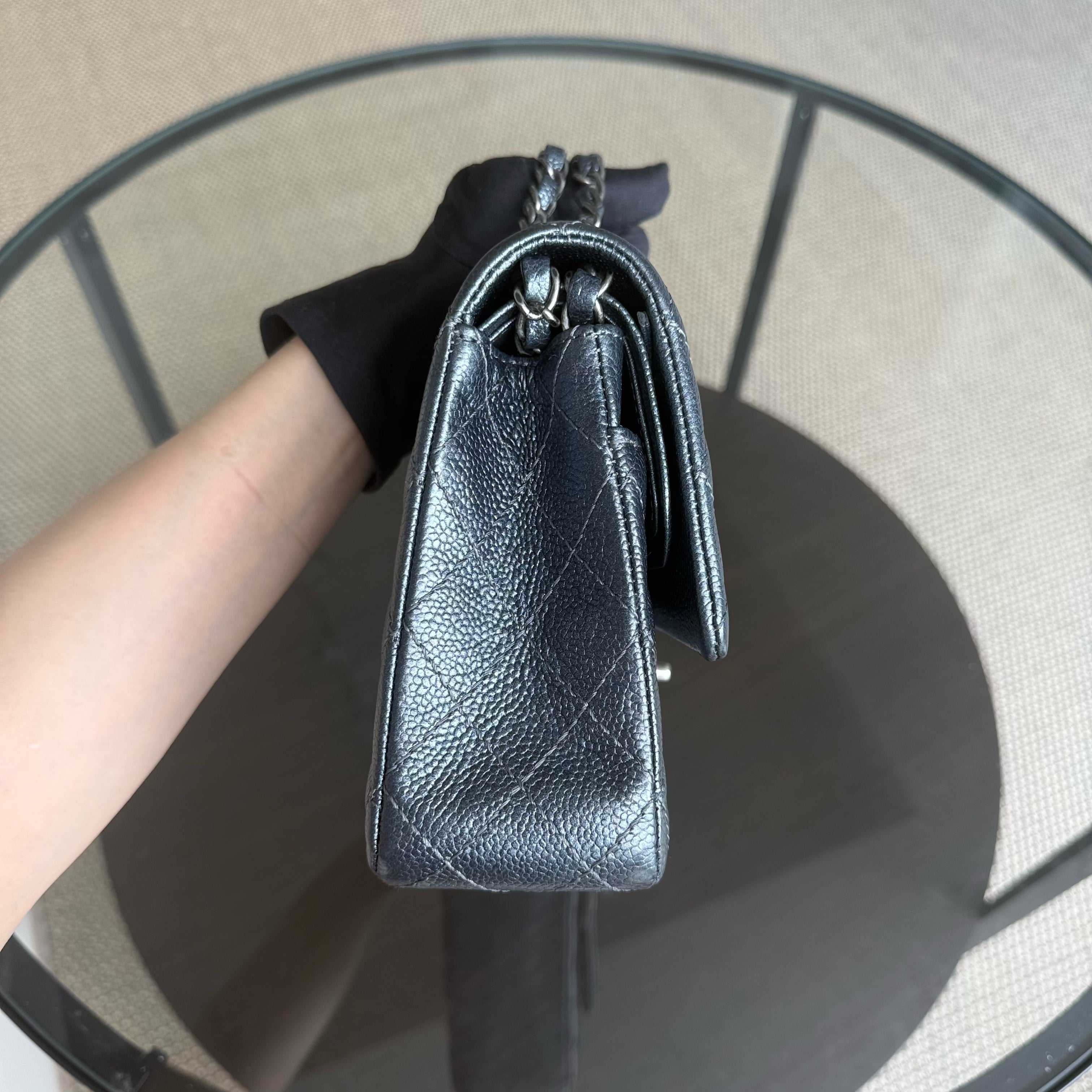 Chanel Classic Flap Medium - Caviar 25CM Quilted Grained Calfskin Iridescent Charcoal Dark Grey Gray Ruthenium Silver Hardware Series 20