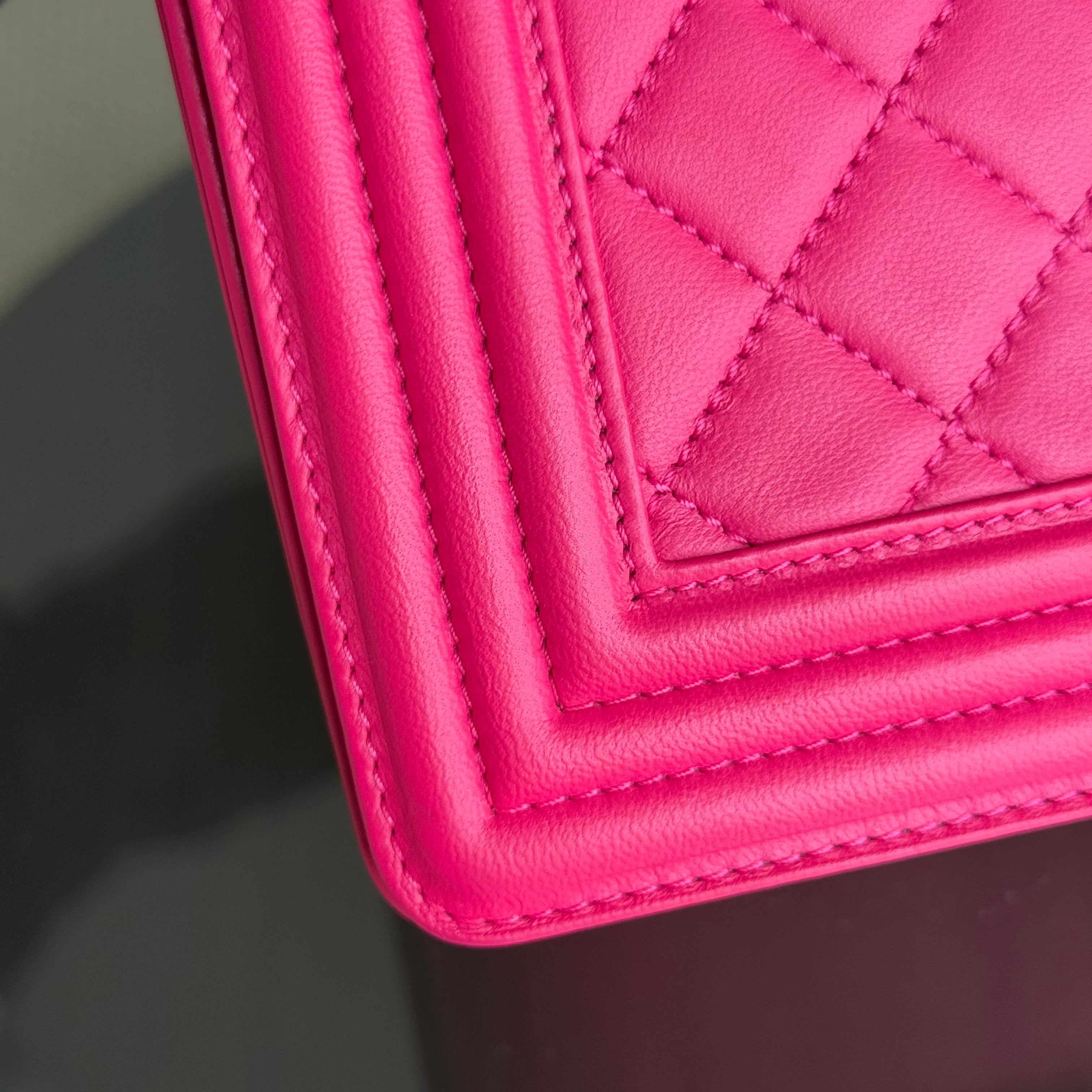 Chanel Boy Medium - 28CM Quilted Lambskin Hot Pink Ruthenium Silver Hardware Series 19