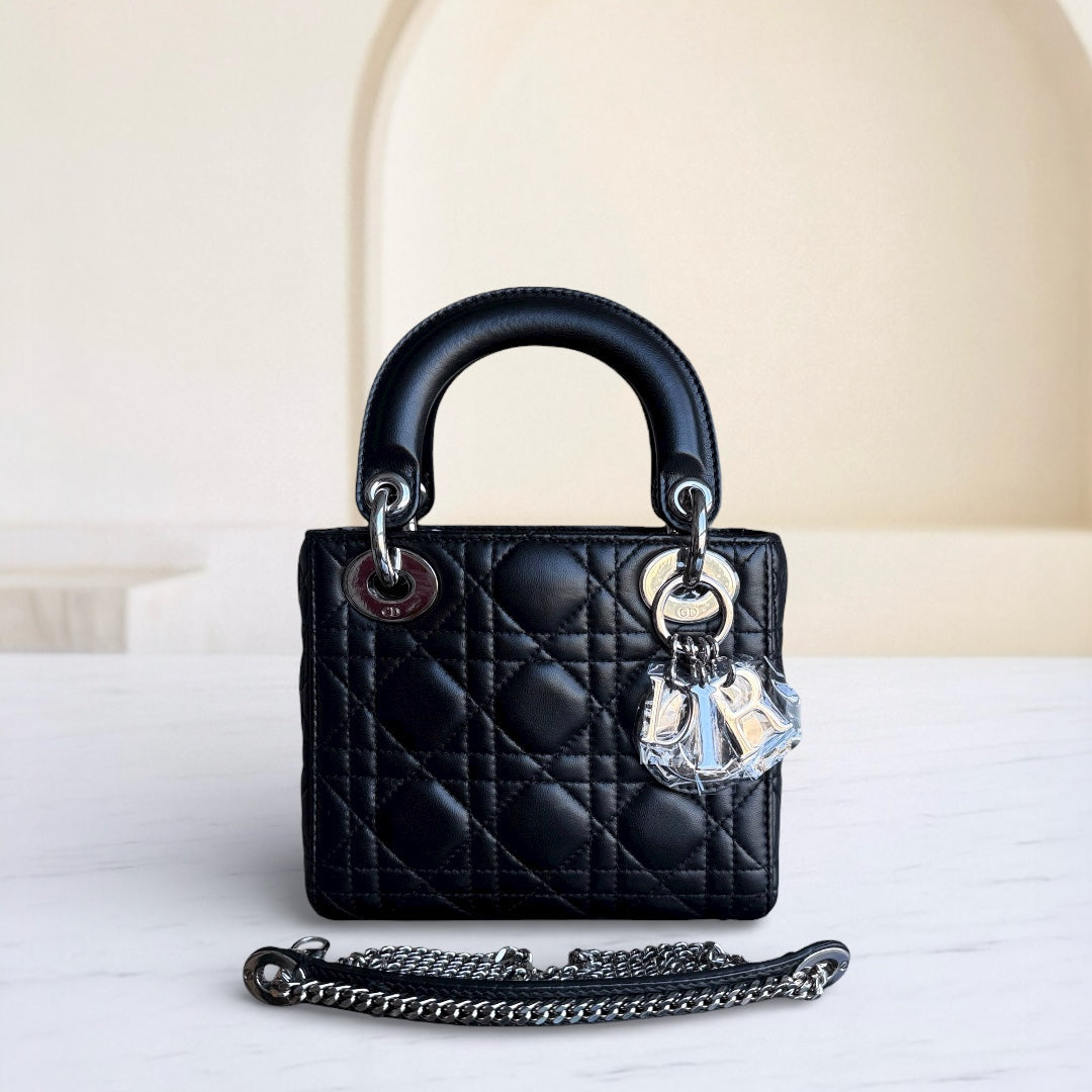 Dior Lady Mini - Cannage Lambskin Black Silver Hardware Chain Strap