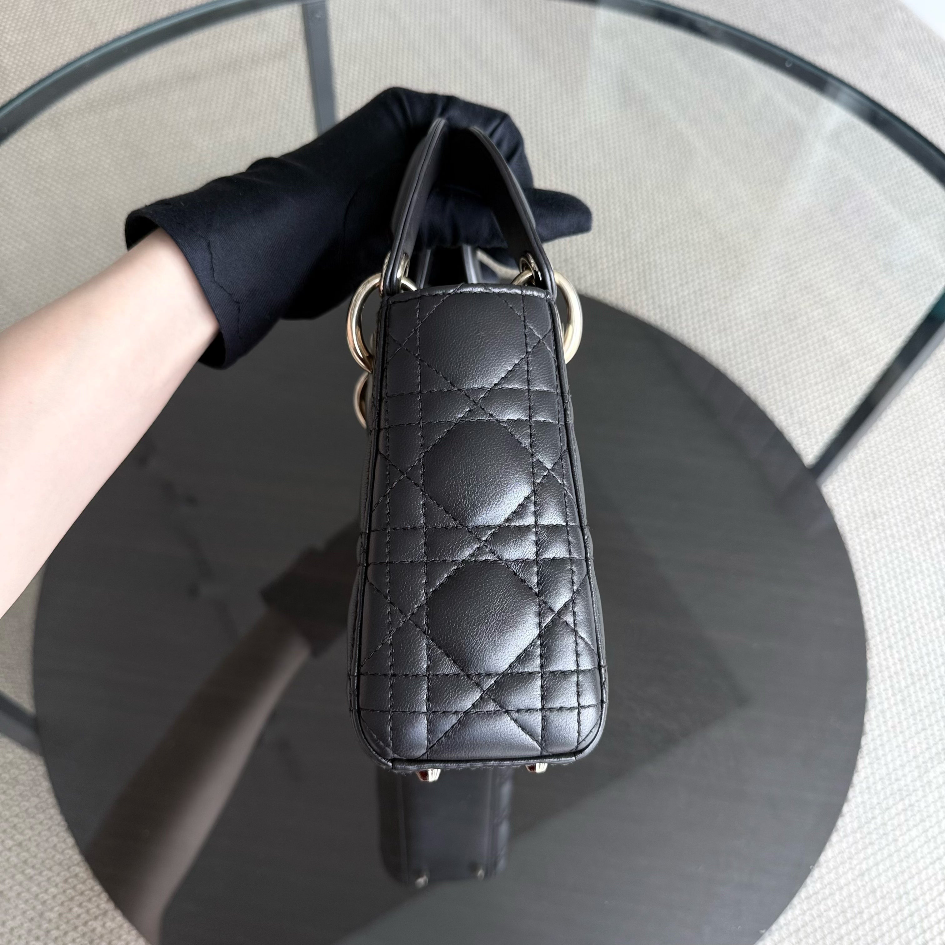 Dior Lady Mini - Cannage Lambskin Dark Grey Gray Gold Hardware Chain Strap