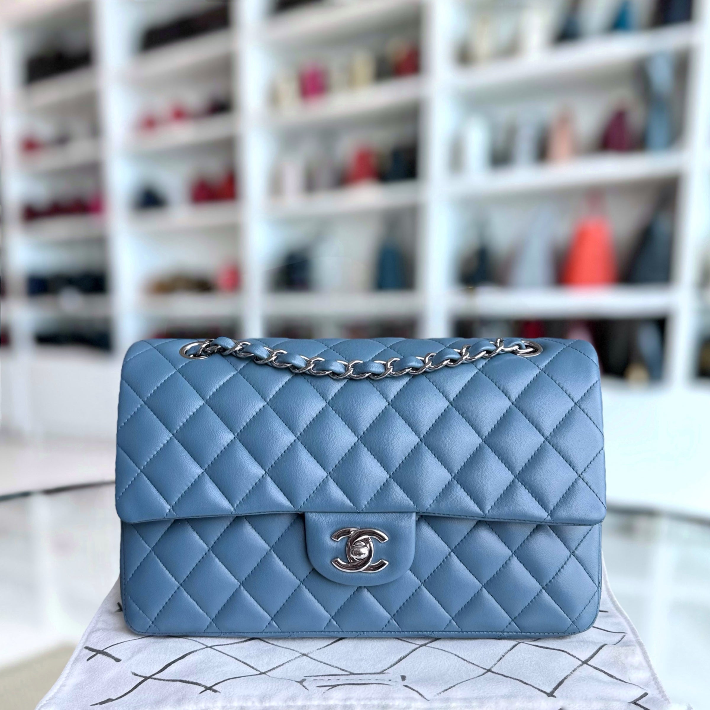 Chanel Classic Flap Medium - 25CM Quilted Lambskin Haze Blue Silver Hardware & Balance of Chanel PST RED