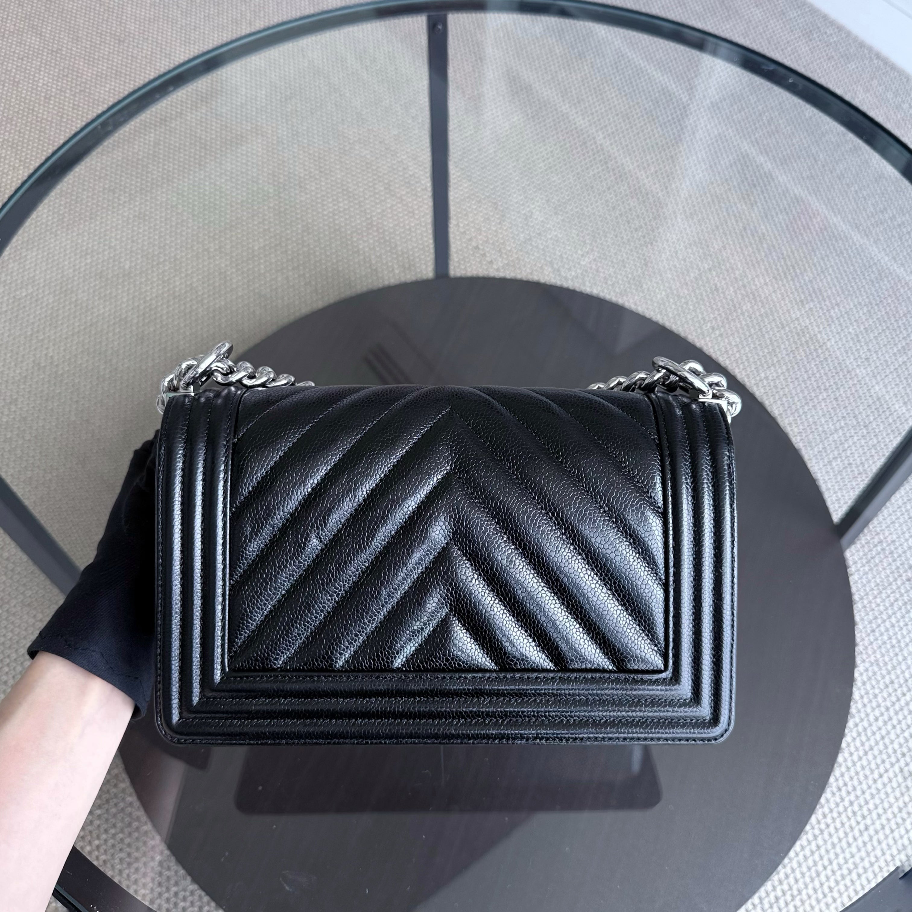Chanel Boy Medium - Caviar 25CM Chevron Black Silver Hardware Series 29