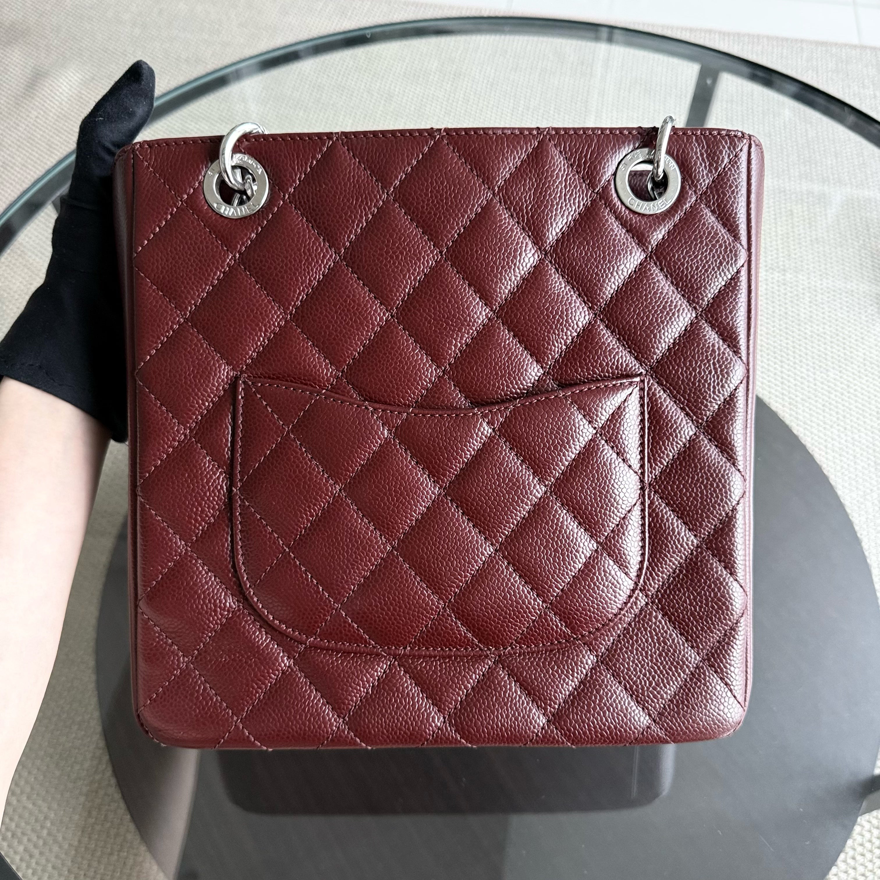 Chanel PST Petite Shopping Tote - Caviar Quilted Burgundy Dark Red Silver Hardware Series 18