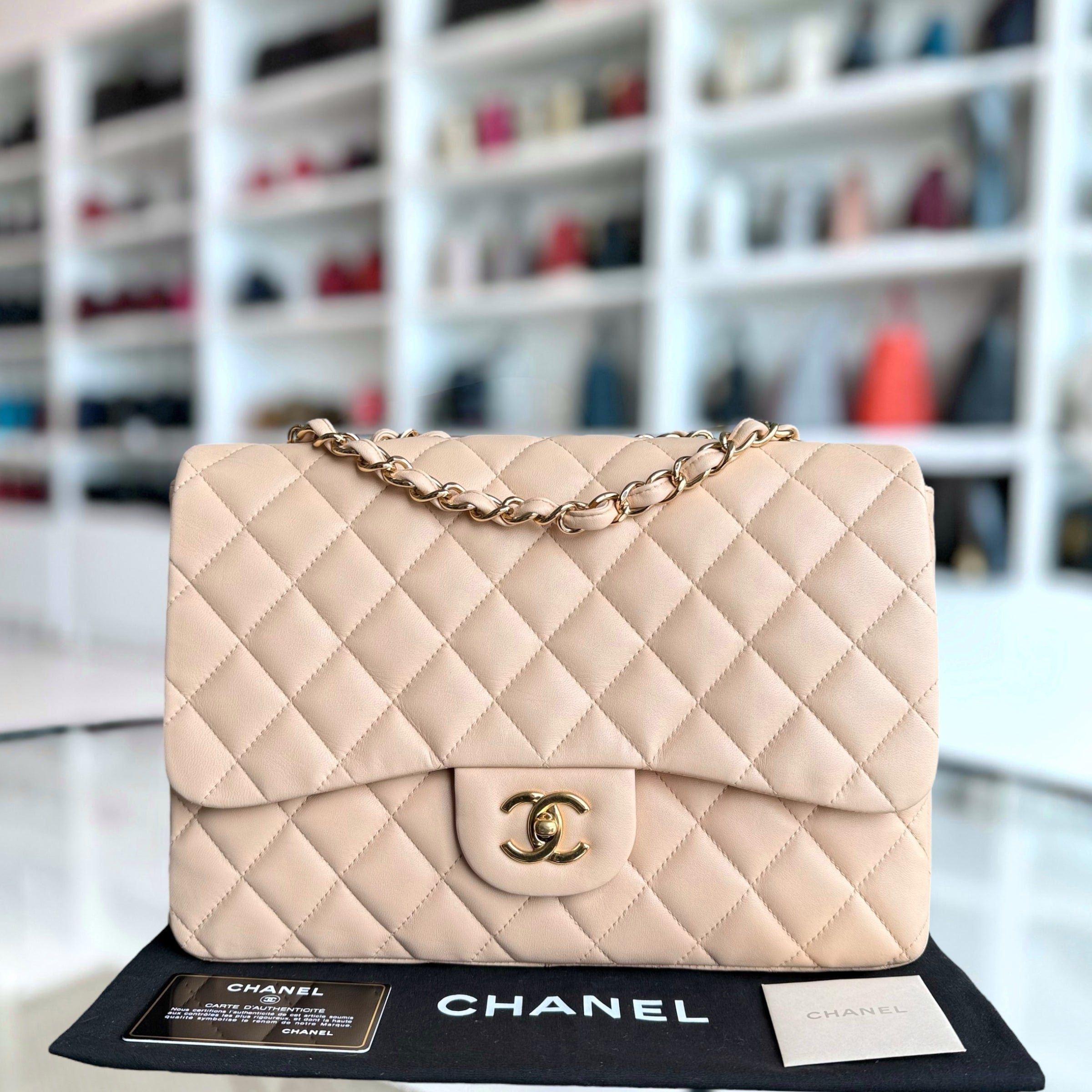 Chanel Classic Flap Jumbo - 30CM Single Flap Quilted Lambskin Beige Gold Hardware Series 13