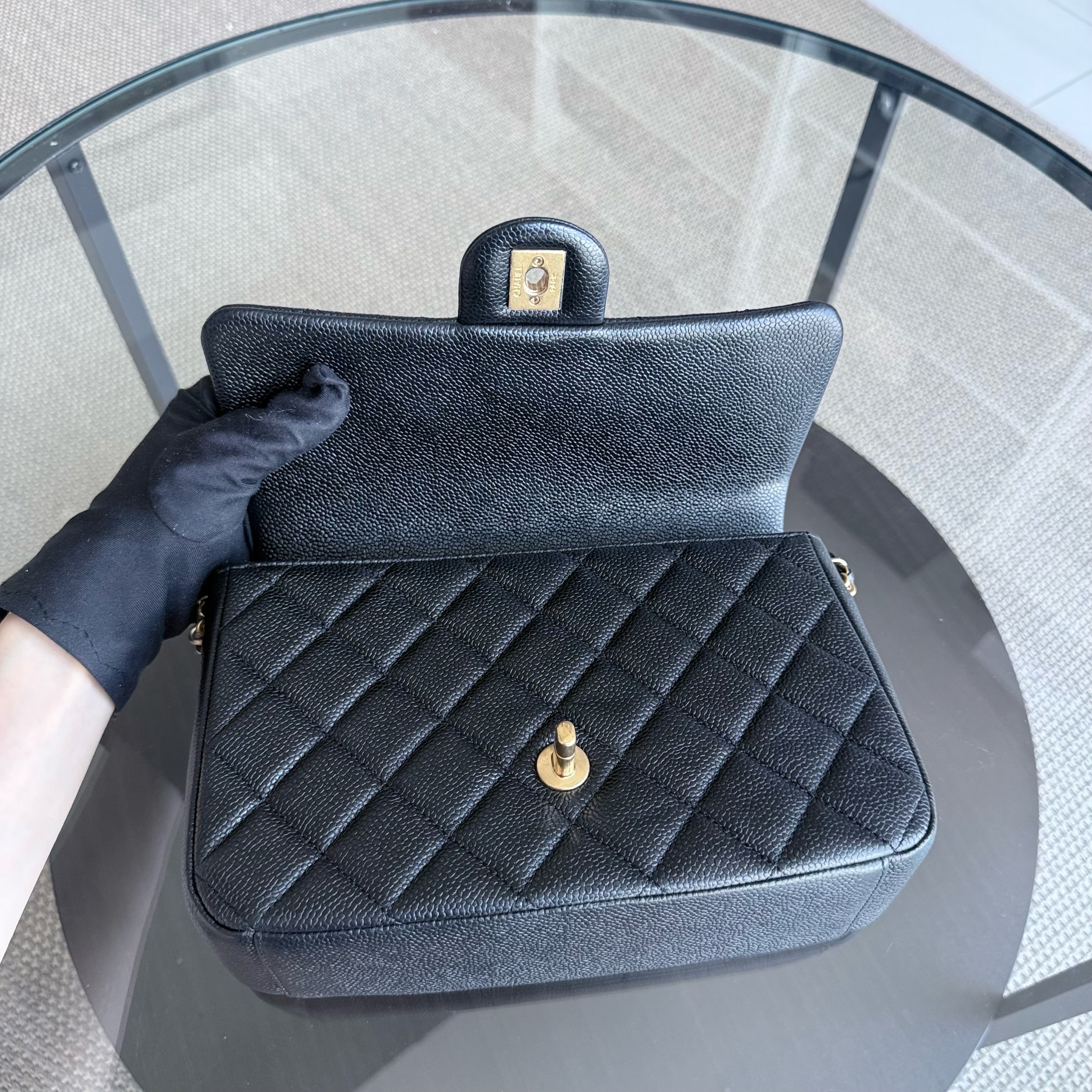 Chanel Seasonal Flap Bag - Caviar Quilted Medallion Soul Black Caviar Gold Hardware Microchip