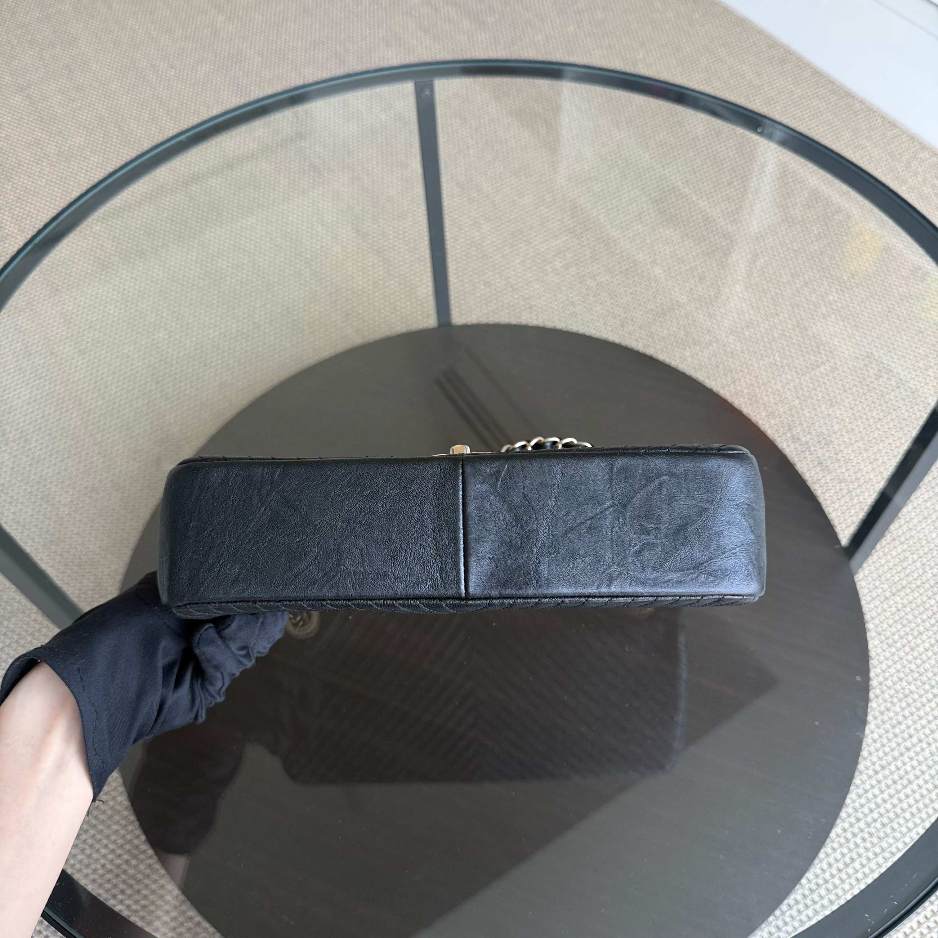 Chanel Seasonal Flap - Chevron Surpique CC Herringbone Medallion Calfskin Flap Black Gold Hardware Series 22