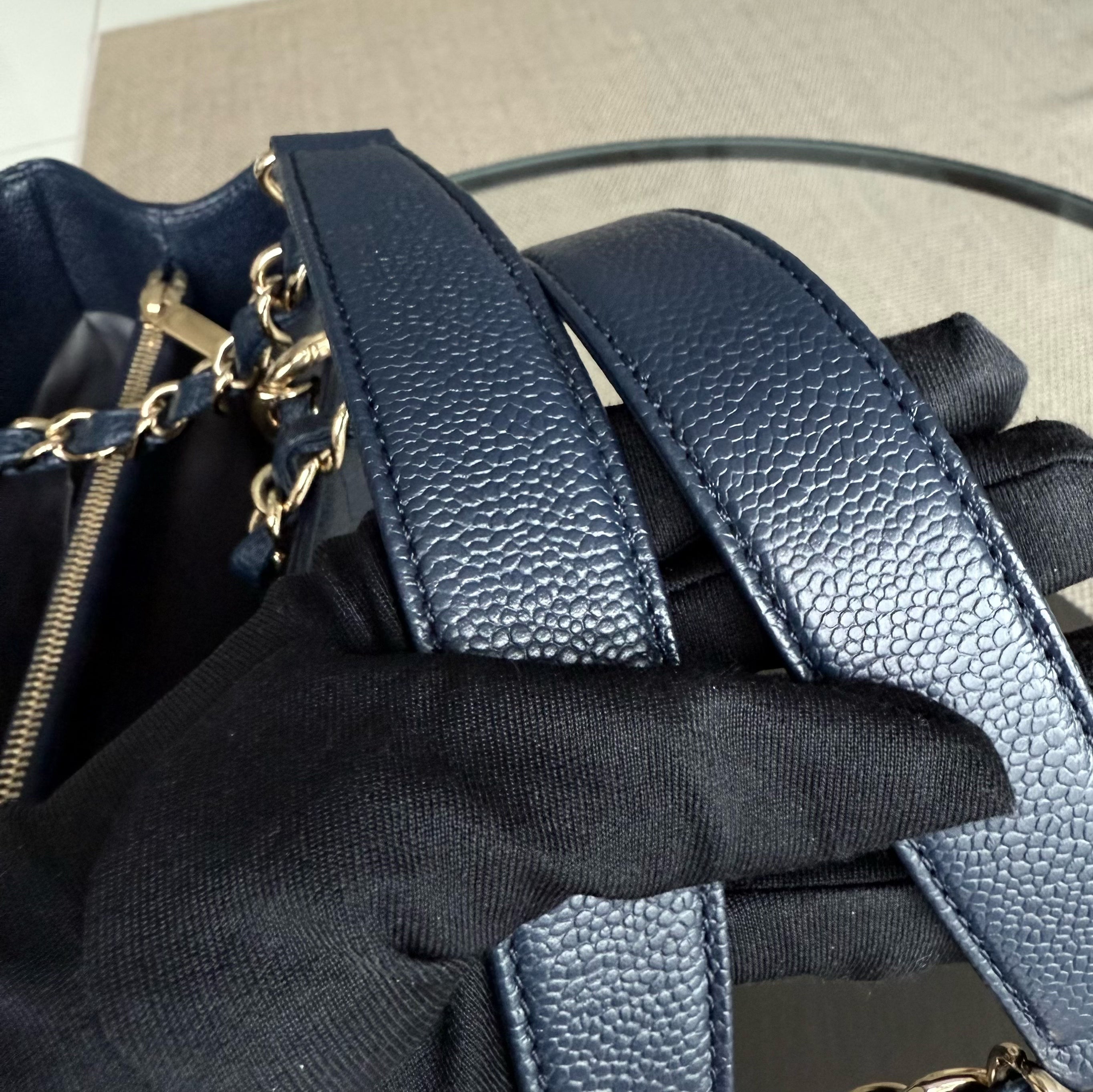 Chanel GST Grand Shopping Tote - Caviar Quilted Dark Blue Gold Hardware Series 19