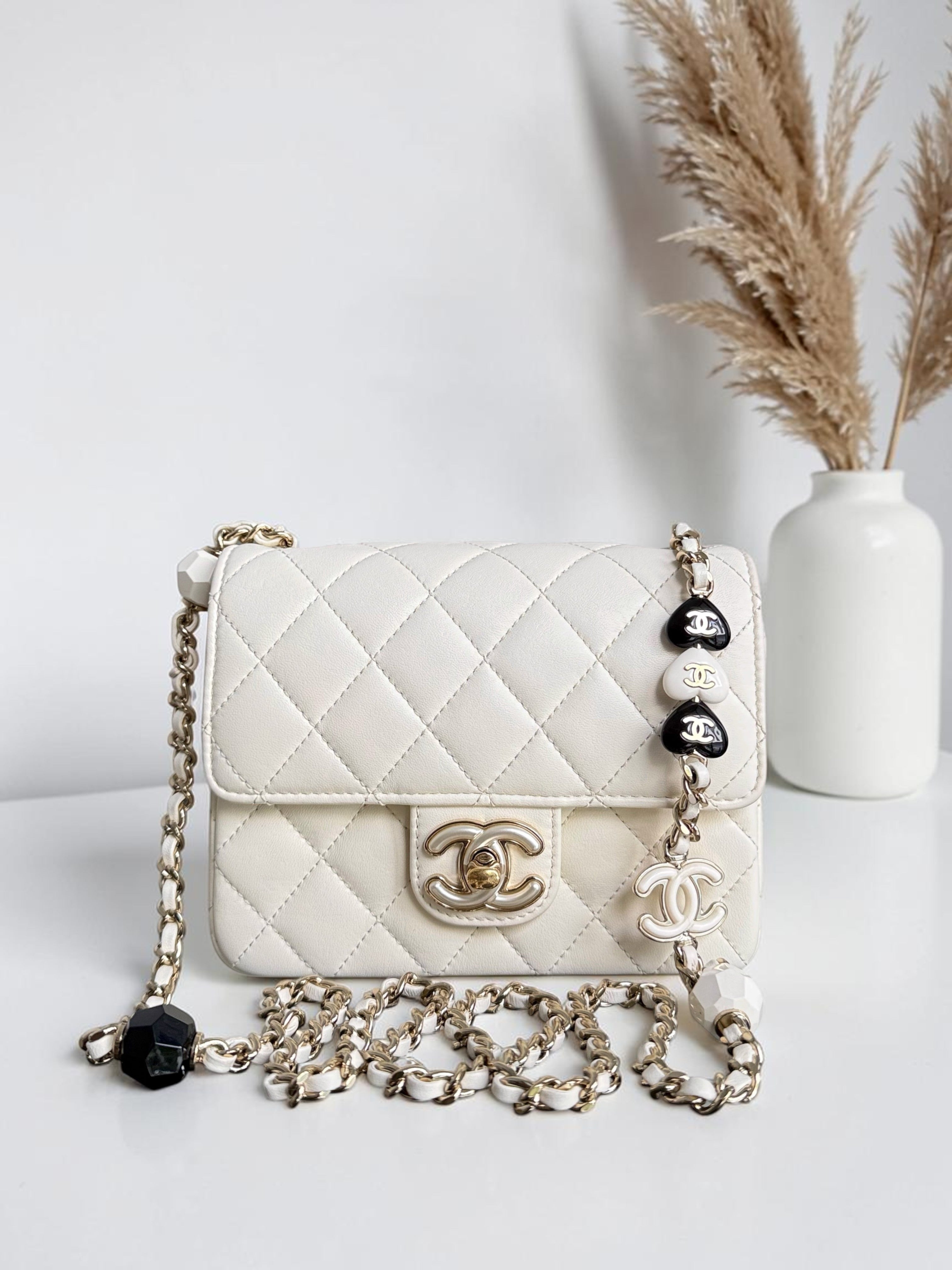 Chanel Classic Flap Mini Square - Lambskin Quilted White Gold Hardware Microchip