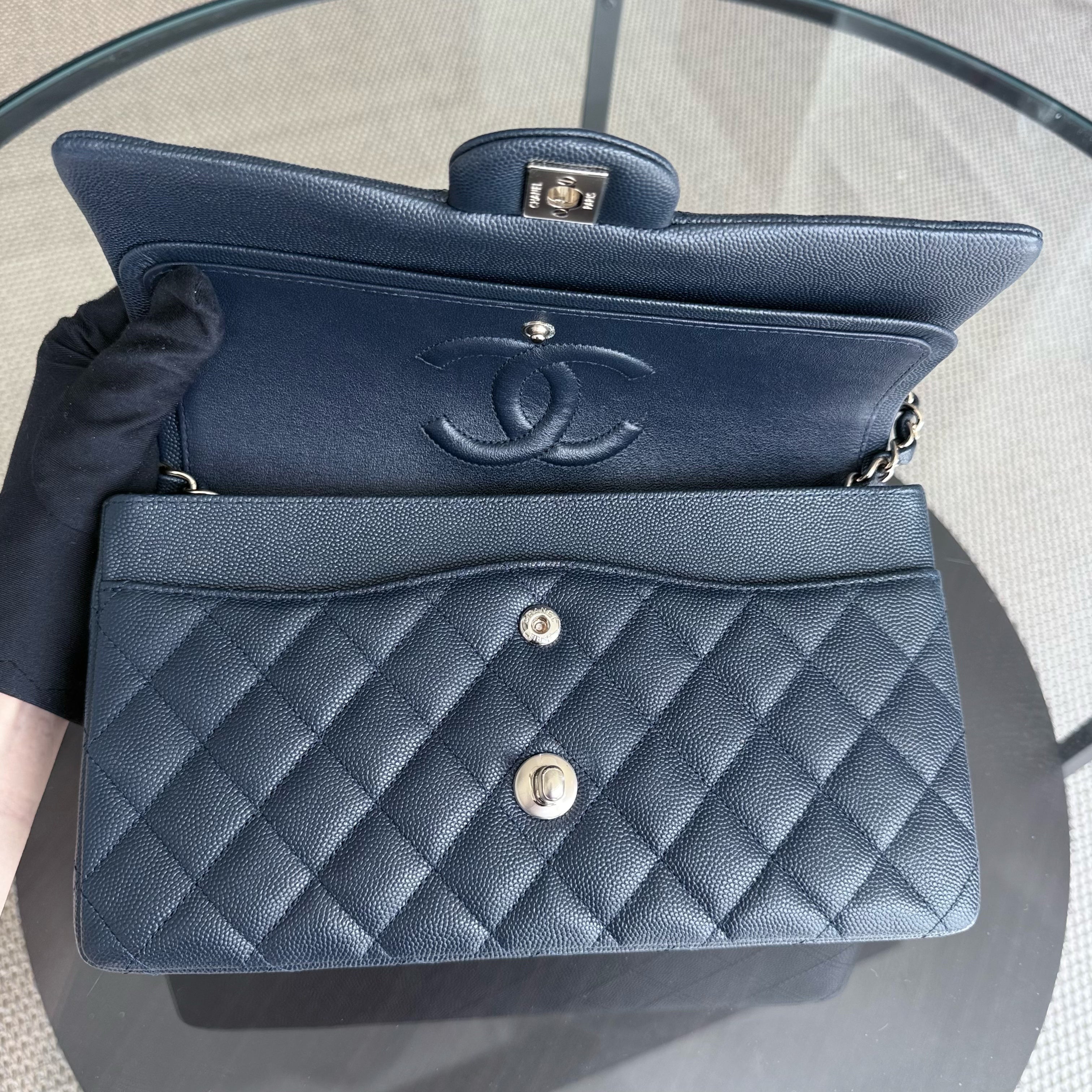 Chanel Classic Flap Medium - Caviar 25CM Quilted Dark Navy Blue Light Gold Hardware Series 26