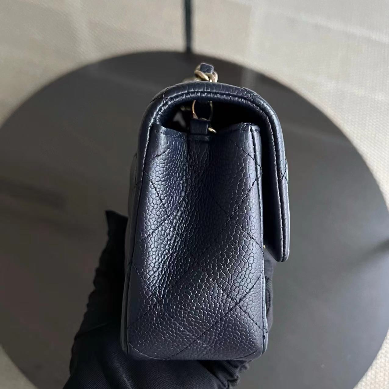 Caviar Mini Rectangle Classic Flap Quilted Grained Calfskin Dark Blue Golden Hardware Series 21