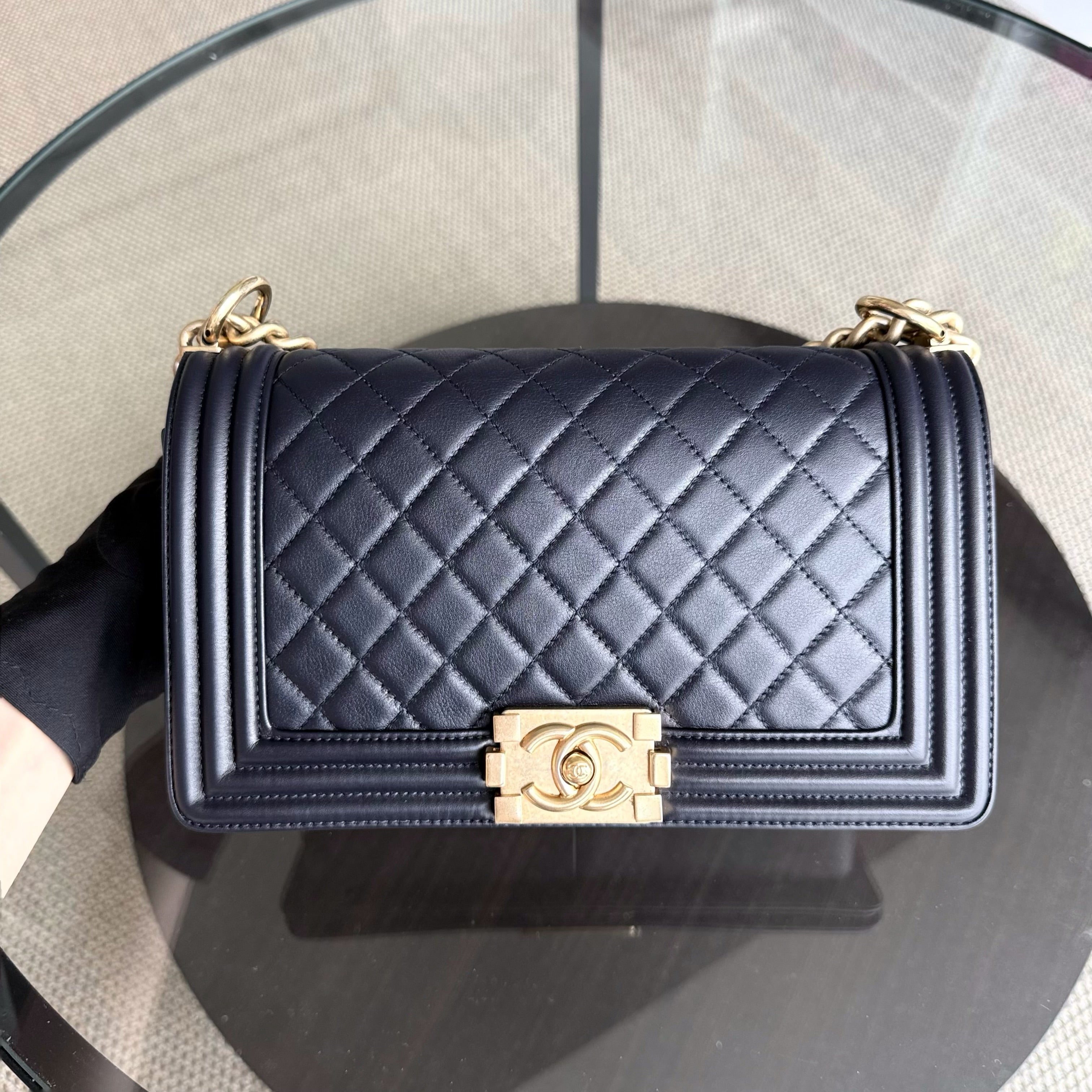 Chanel Boy Medium - Calfskin 25CM Quilted Dark Blue Gold Hardware Series 26