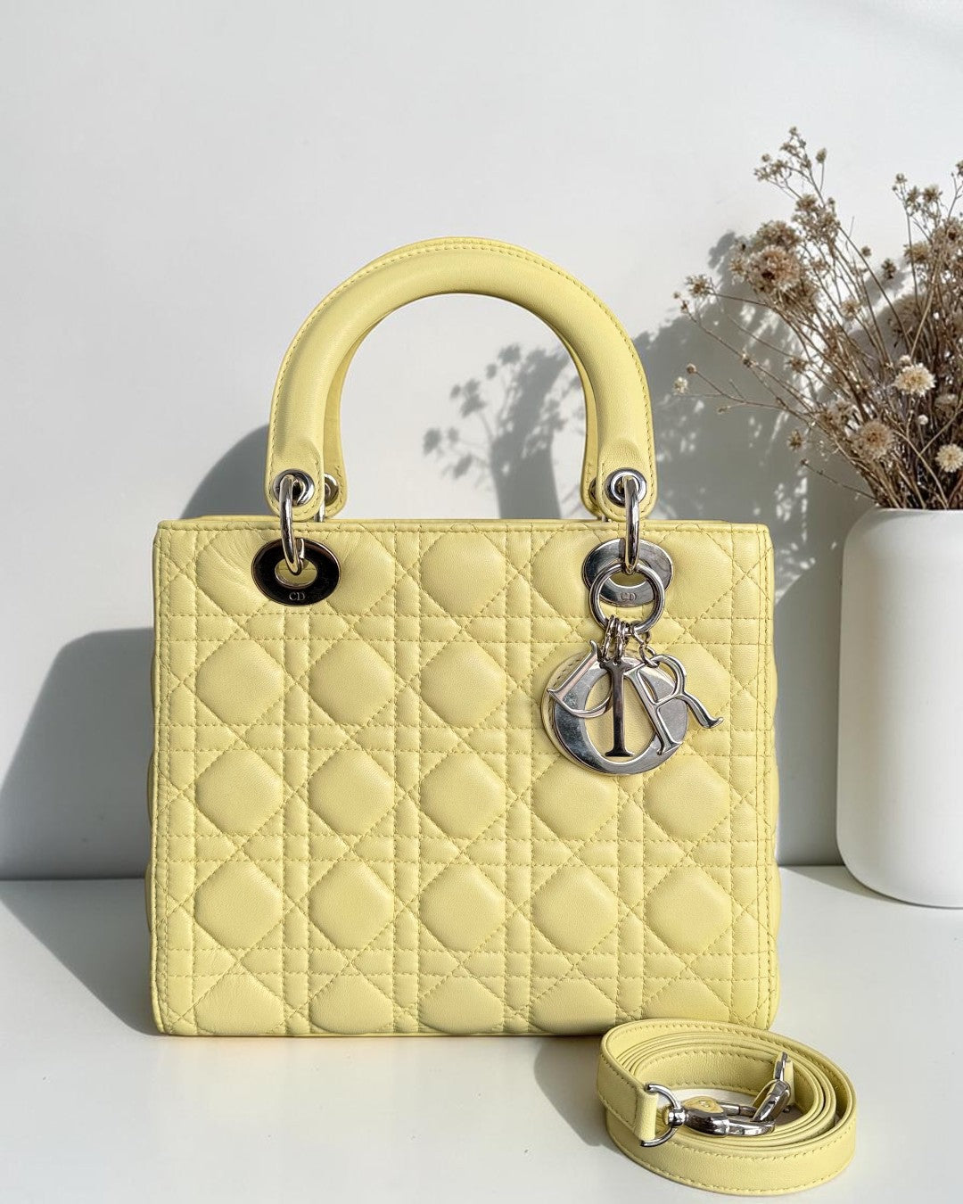 Dior Lady Medium - Cannage Lambskin Light Yellow Silver Hardware