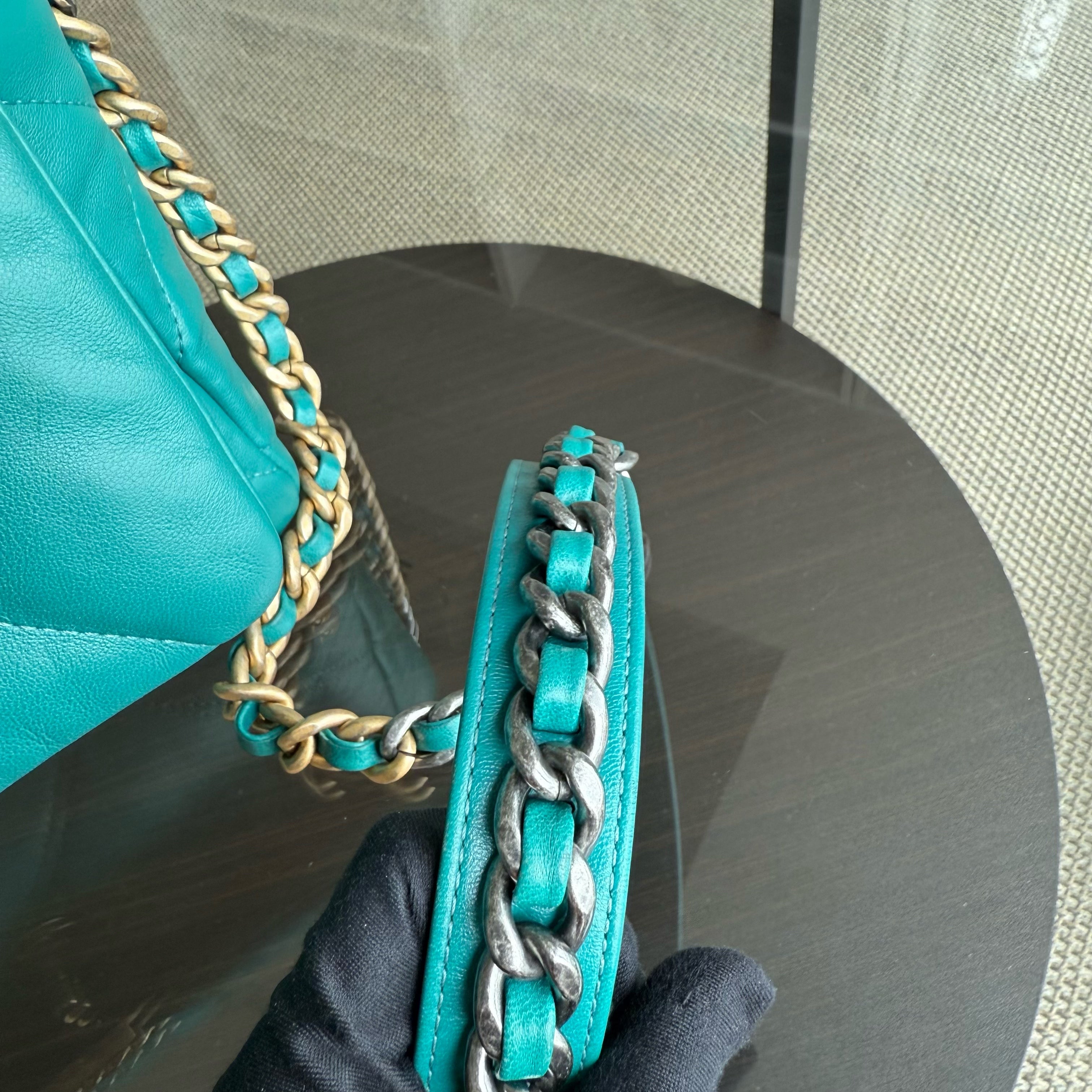 Chanel 19 Bag Small - Quilted Goatskin Green Blue Two-tone Hardware Series 30