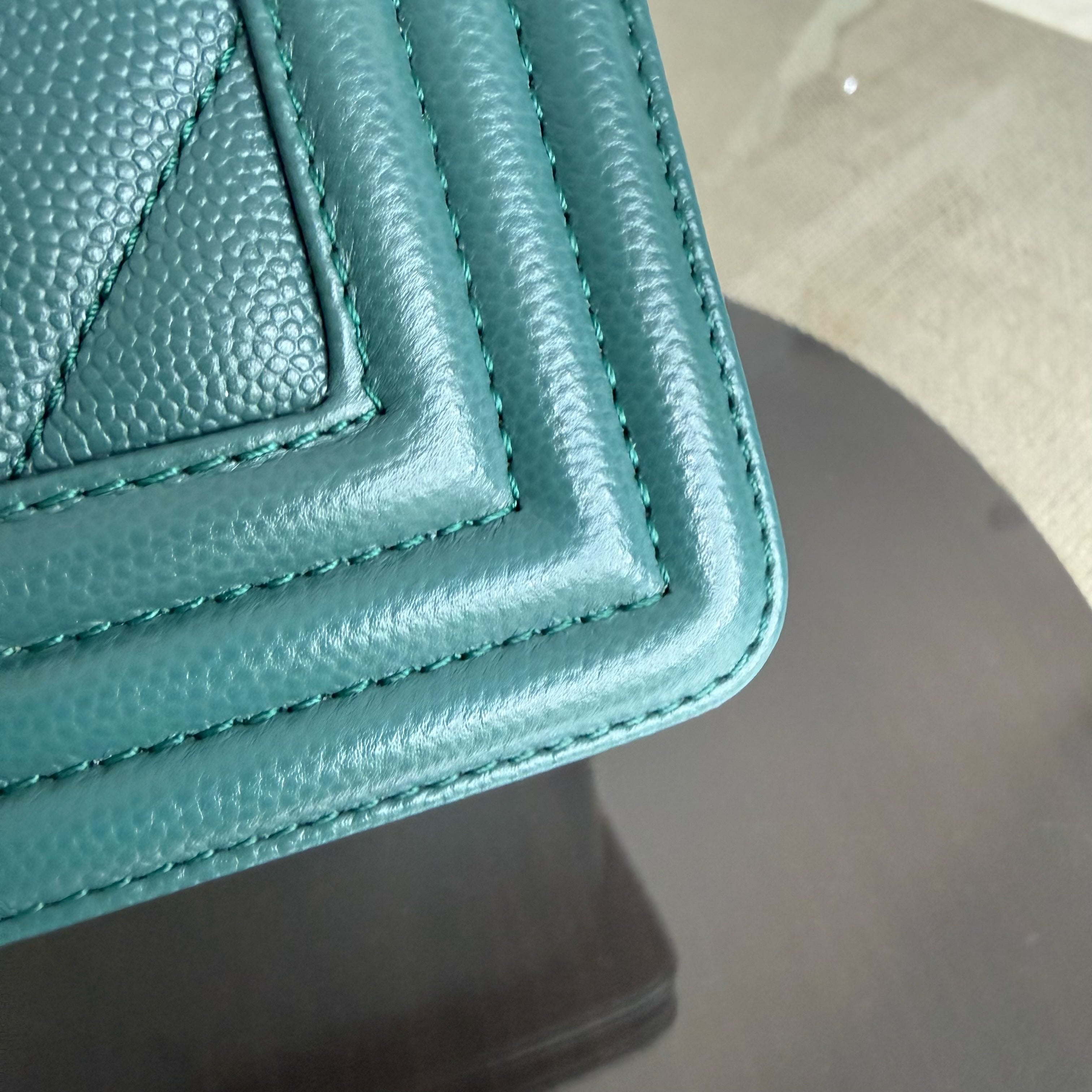 Chanel Boy Medium - Caviar 25CM Chevron Dark Green Ruthenium Silver Hardware Series 24
