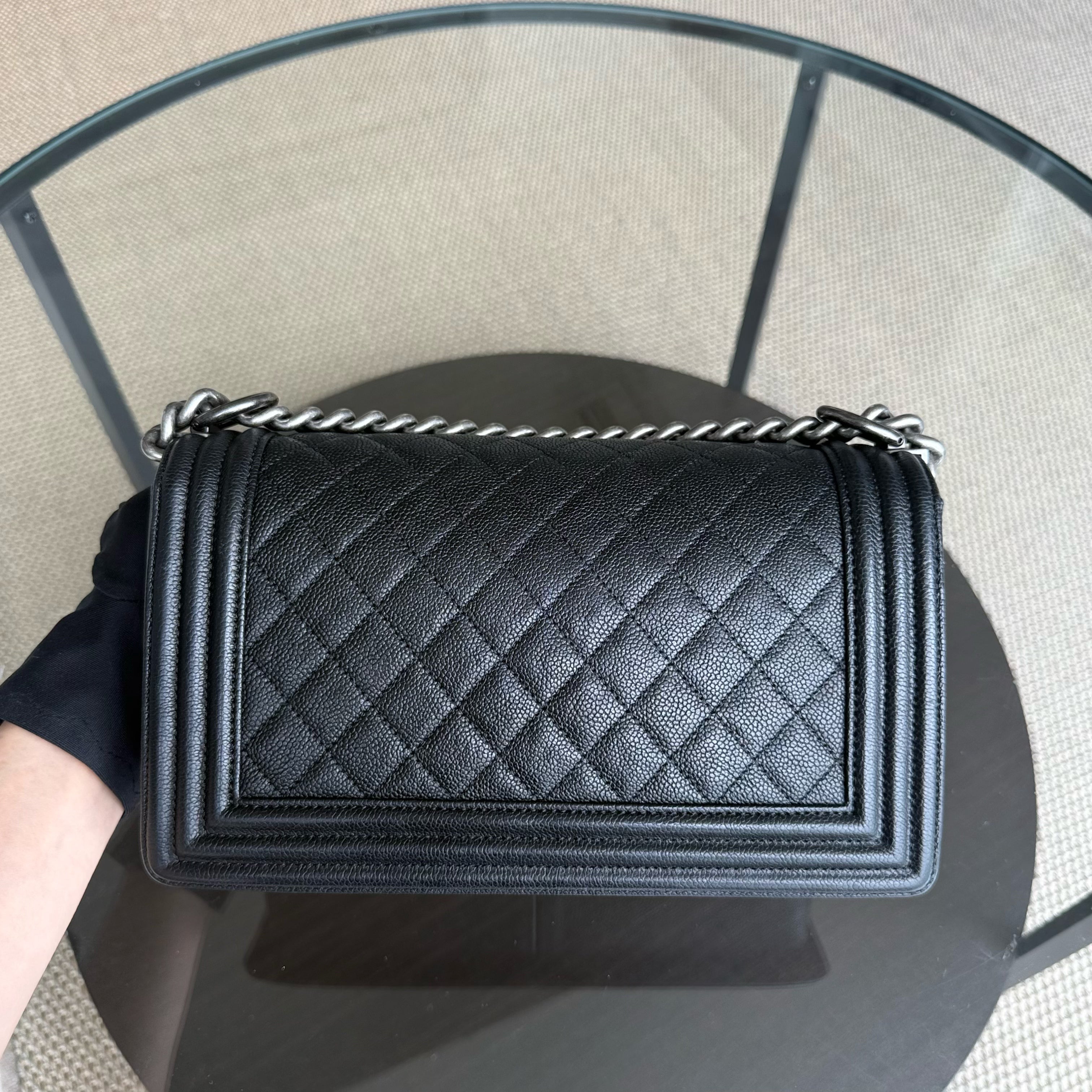 Chanel Boy Medium - Caviar 25CM Quilted Black Ruthenium Silver Hardware Series 23