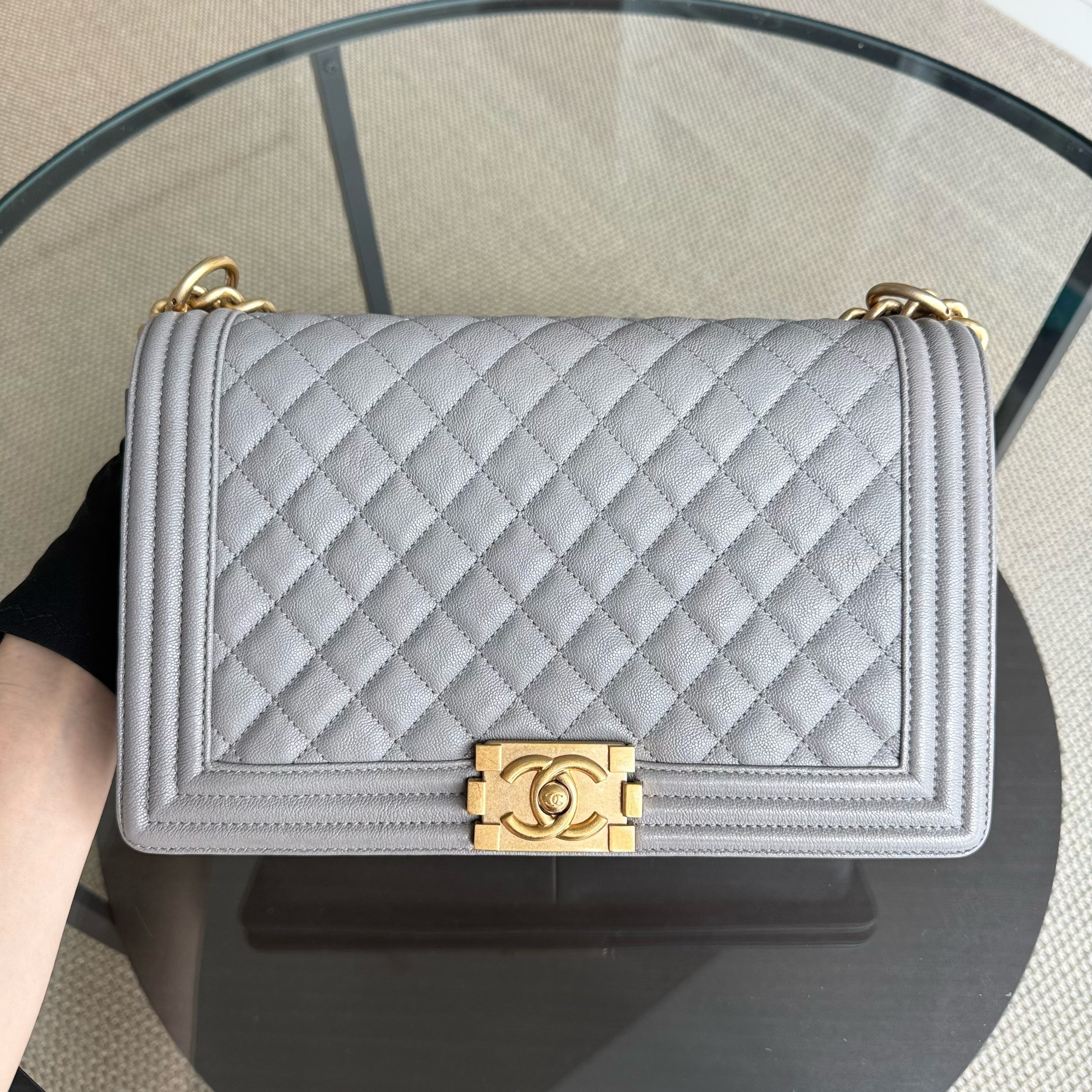 Chanel Boy Medium - Caviar 28CM Quilted Grey Gray Gold Hardware Series 26