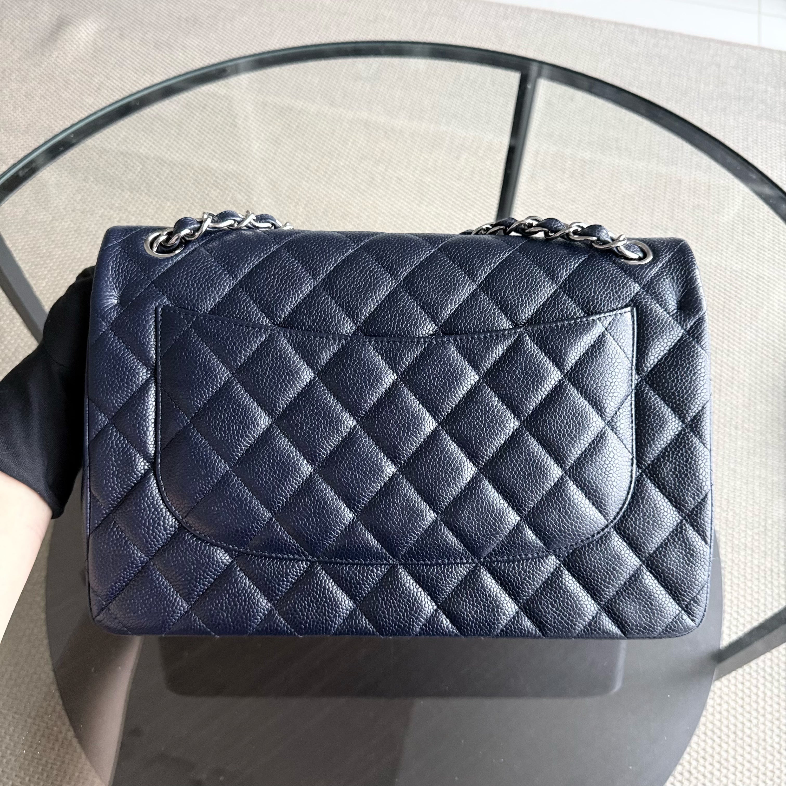 Chanel Classic Flap Jumbo - Caviar Double Flap 30CM Quilted Grained Calfskin Dark Blue Silver Hardware Series 19