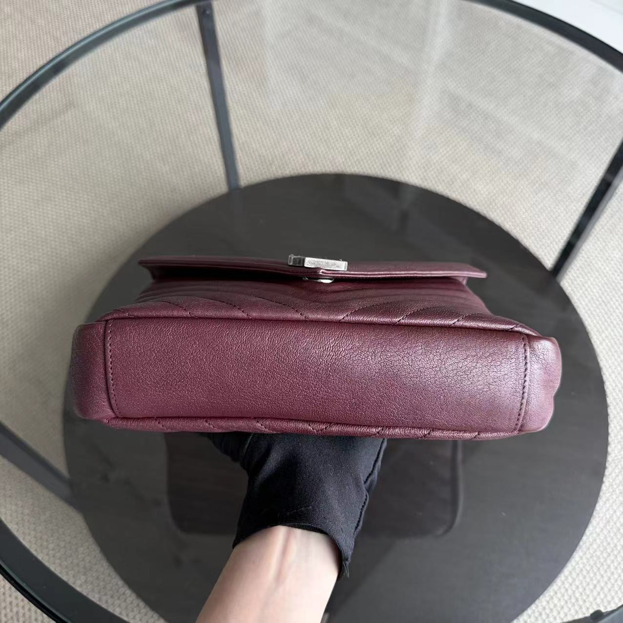 Yves Saint Laurent YSL College - Medium Chevron Leather Burgundy Ruthenium Silver Hardware