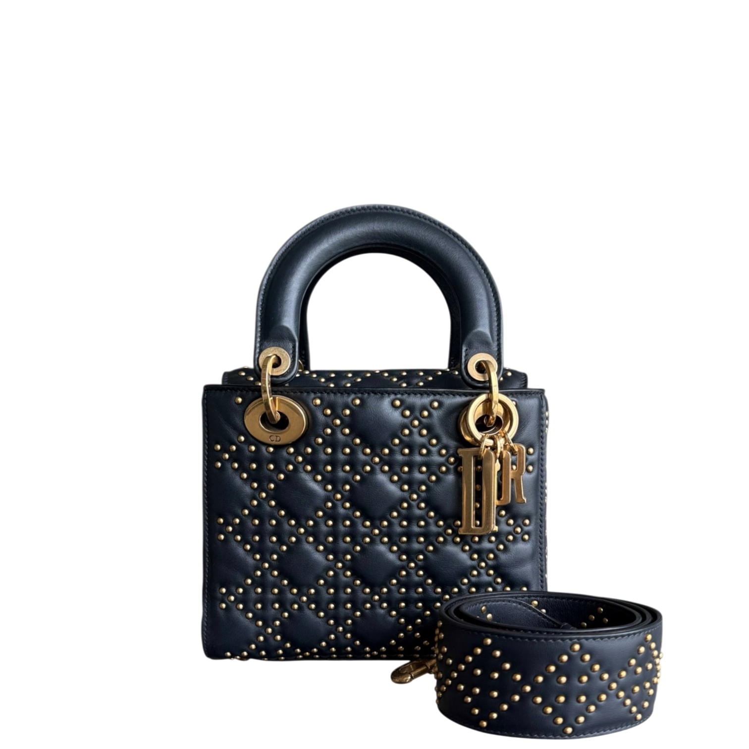 Dior Lady Small Flap - Cannage Calfskin Studded Black Gold Hardware