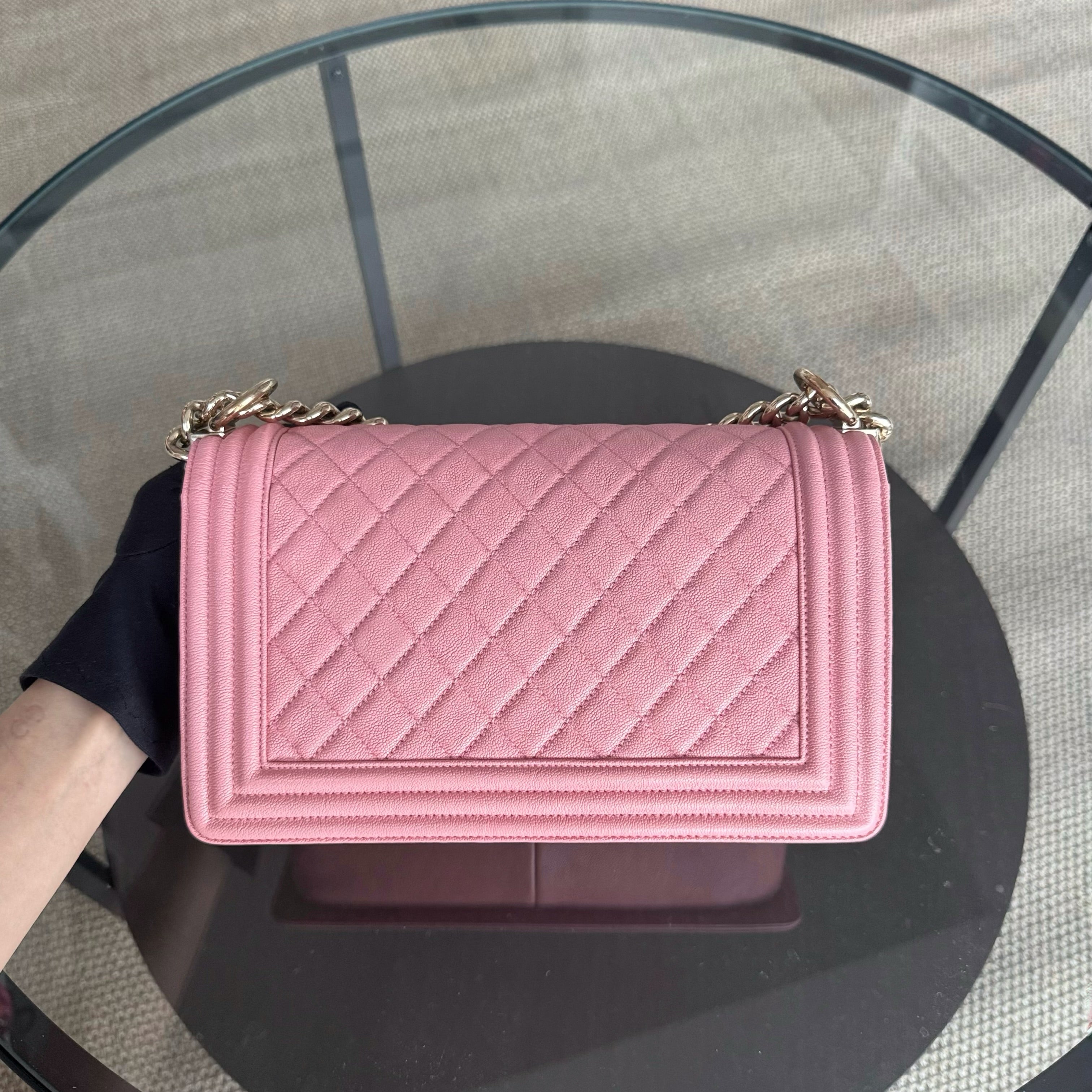 Chanel Boy Medium - Caviar 25CM Quilted Pink Gold Hardware Series 27