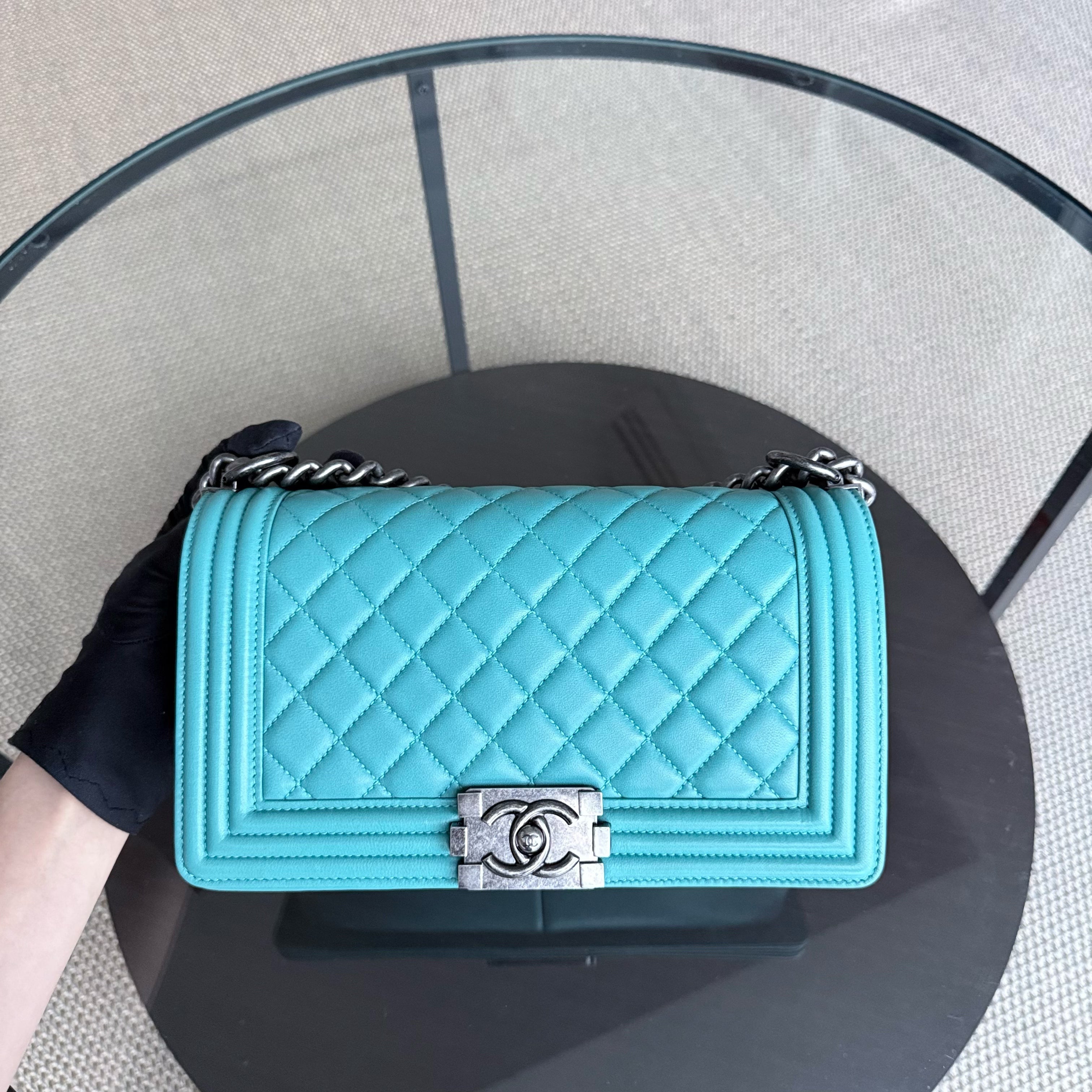 Chanel Boy Medium - 25CM Quilted Lambskin Blue Ruthenium Silver Hardware Series 19