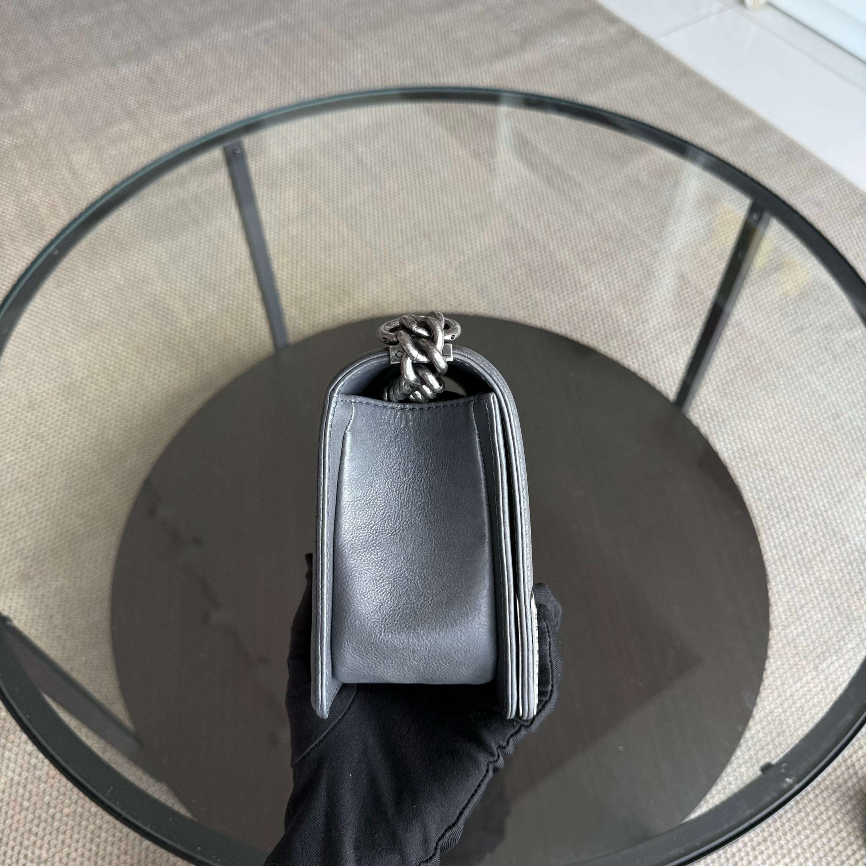 Chanel Boy Medium - 25CM Quilted Limited Edition Paris-Dallas Metal Edge Grained Calfskin Gray Silver Hardware Series 19