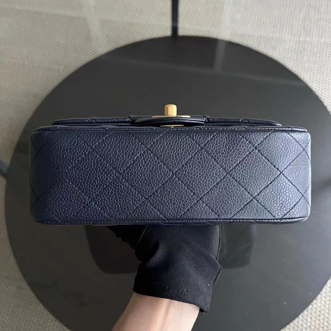 Caviar Mini Rectangle Classic Flap Quilted Grained Calfskin Dark Blue Golden Hardware Series 21
