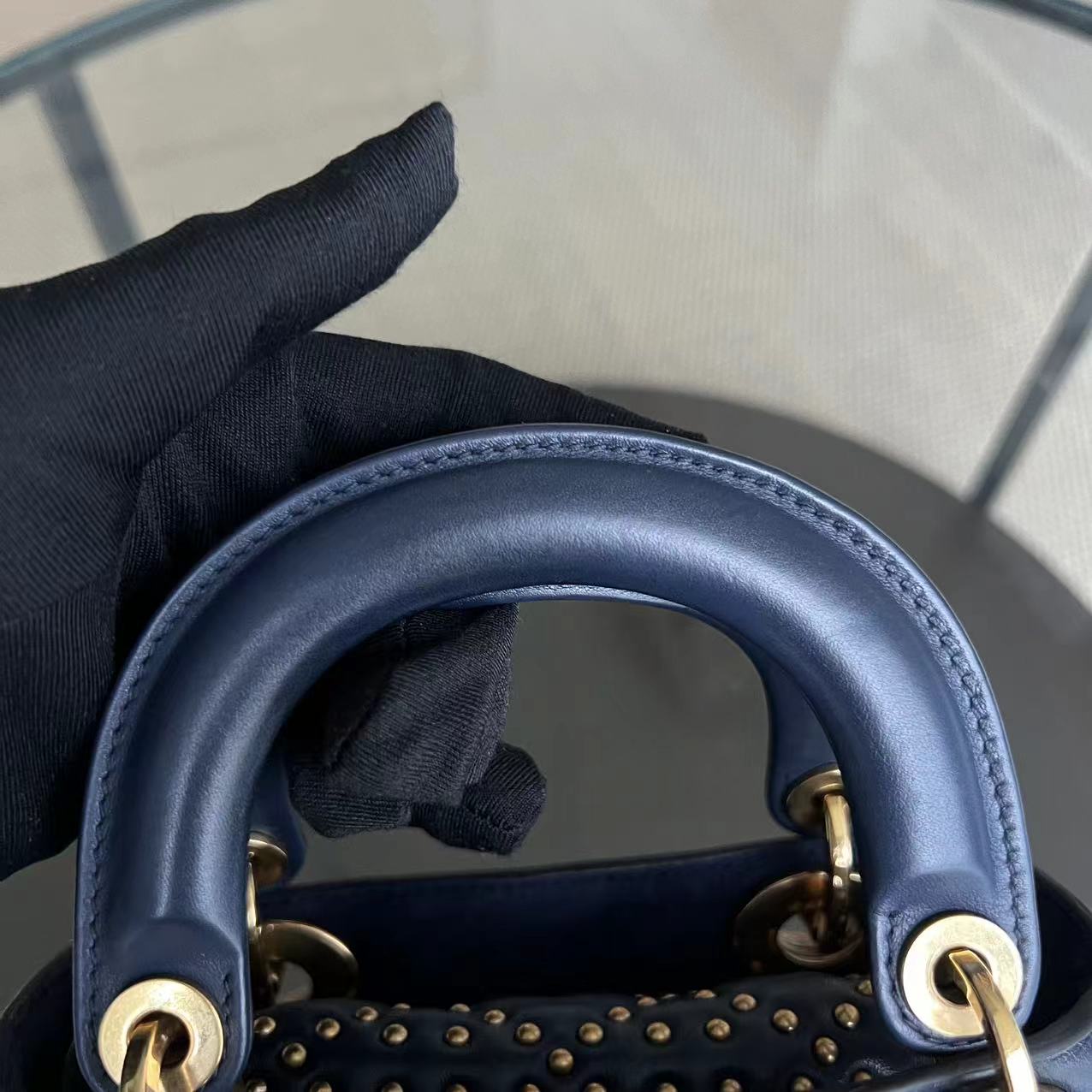 Dior Lady Mini - Studded Calfskin Dark Blue Golden Hardware