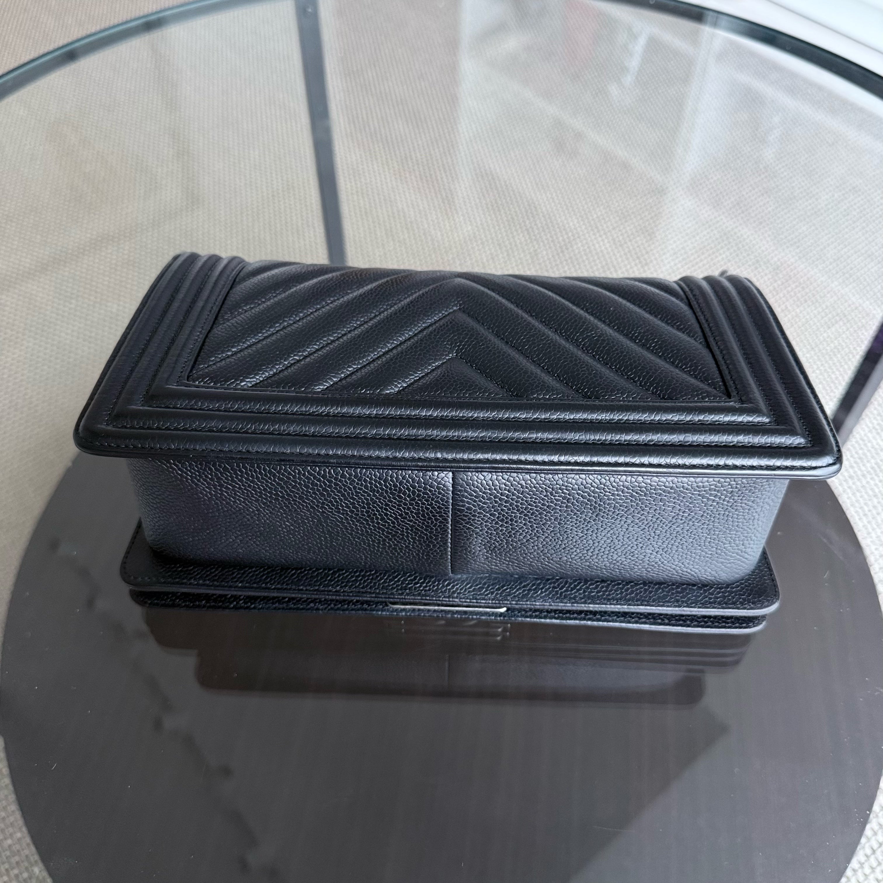 Chanel Boy Medium - Caviar 25CM Chevron Black Ruthenium Silver Hardware Series 29