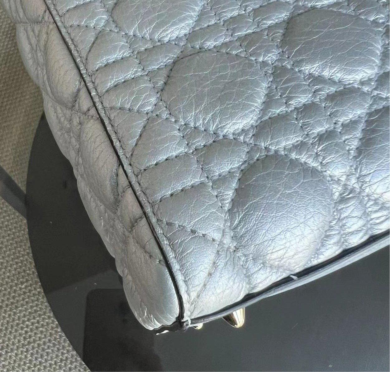 *Flap Open* Dior Lady Medium - Grained Calfskin Metallic Silver Golden Hardware