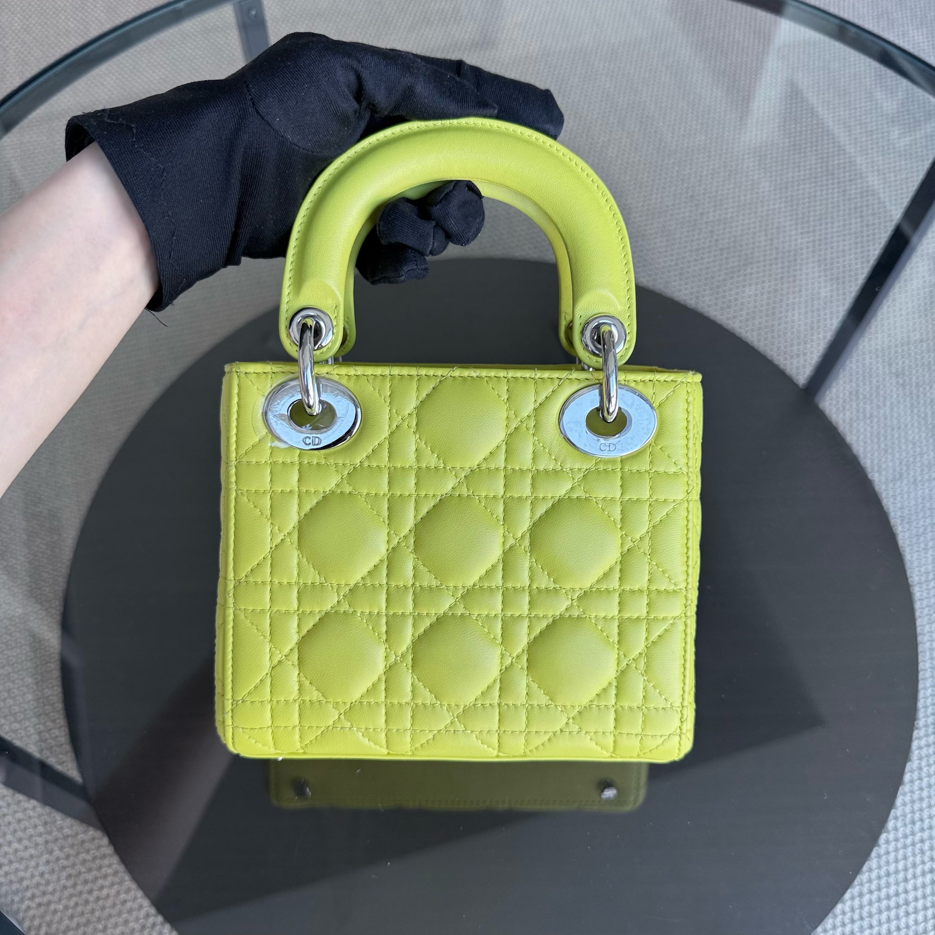 Dior Lady Mini - Cannage Lambskin Yellow Silver Hardware Adjustable Strap