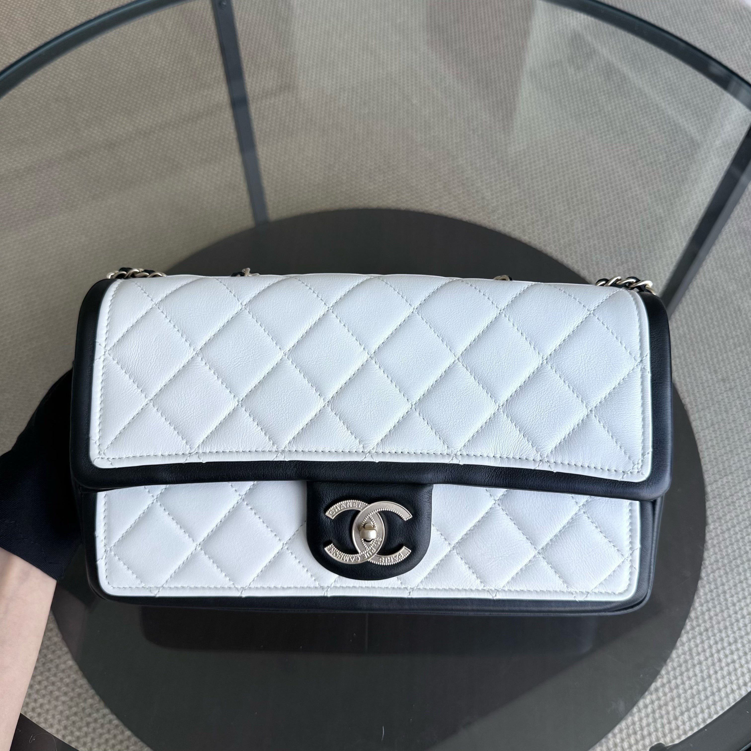 Chanel Seasonal Flap - 25CM Quilted Lambskin Bi-Color White Black Gold Hardware