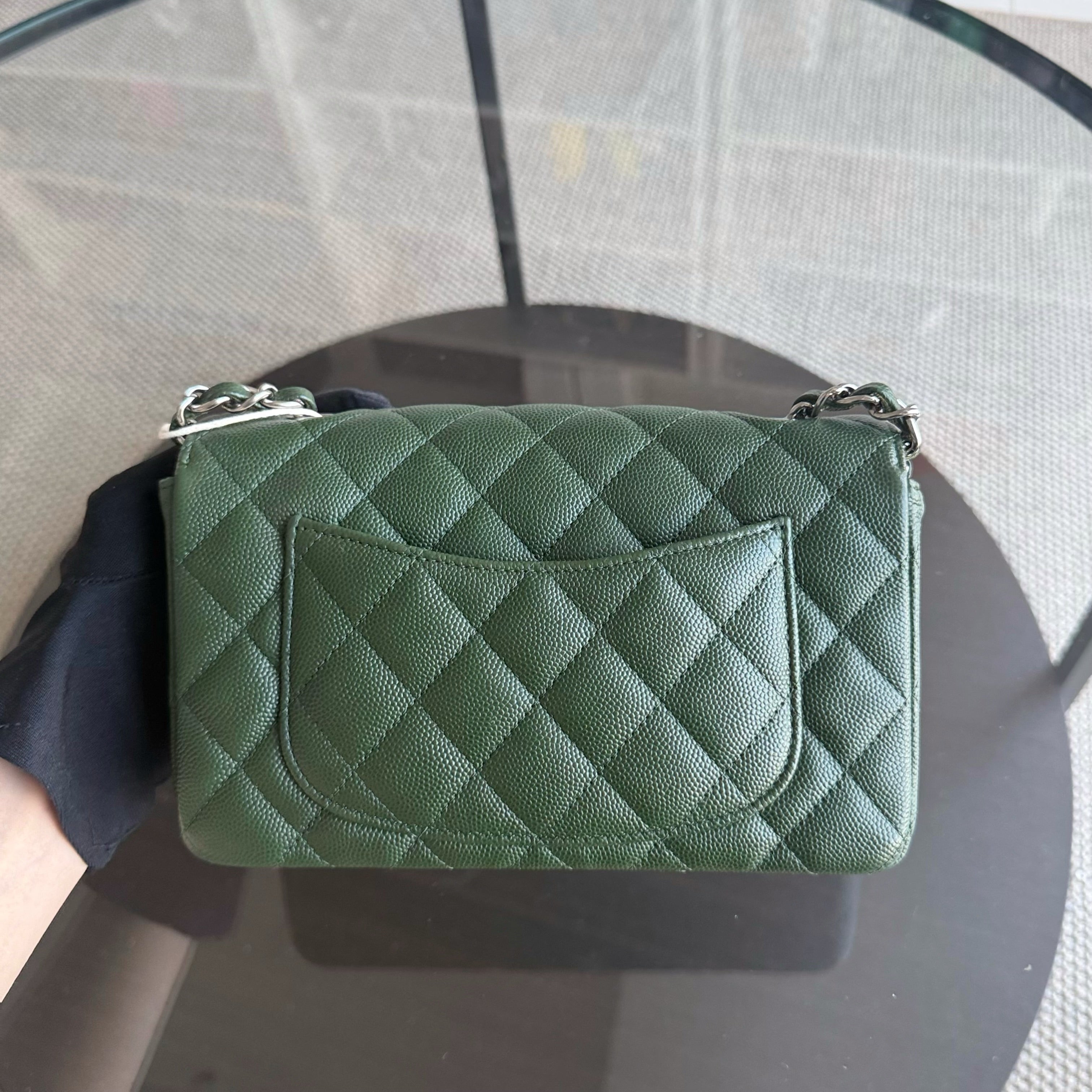 Chanel Caviar Mini Rectangle Classic Flap - 20CM Quilted Dark Green Silver Hardware Series 25