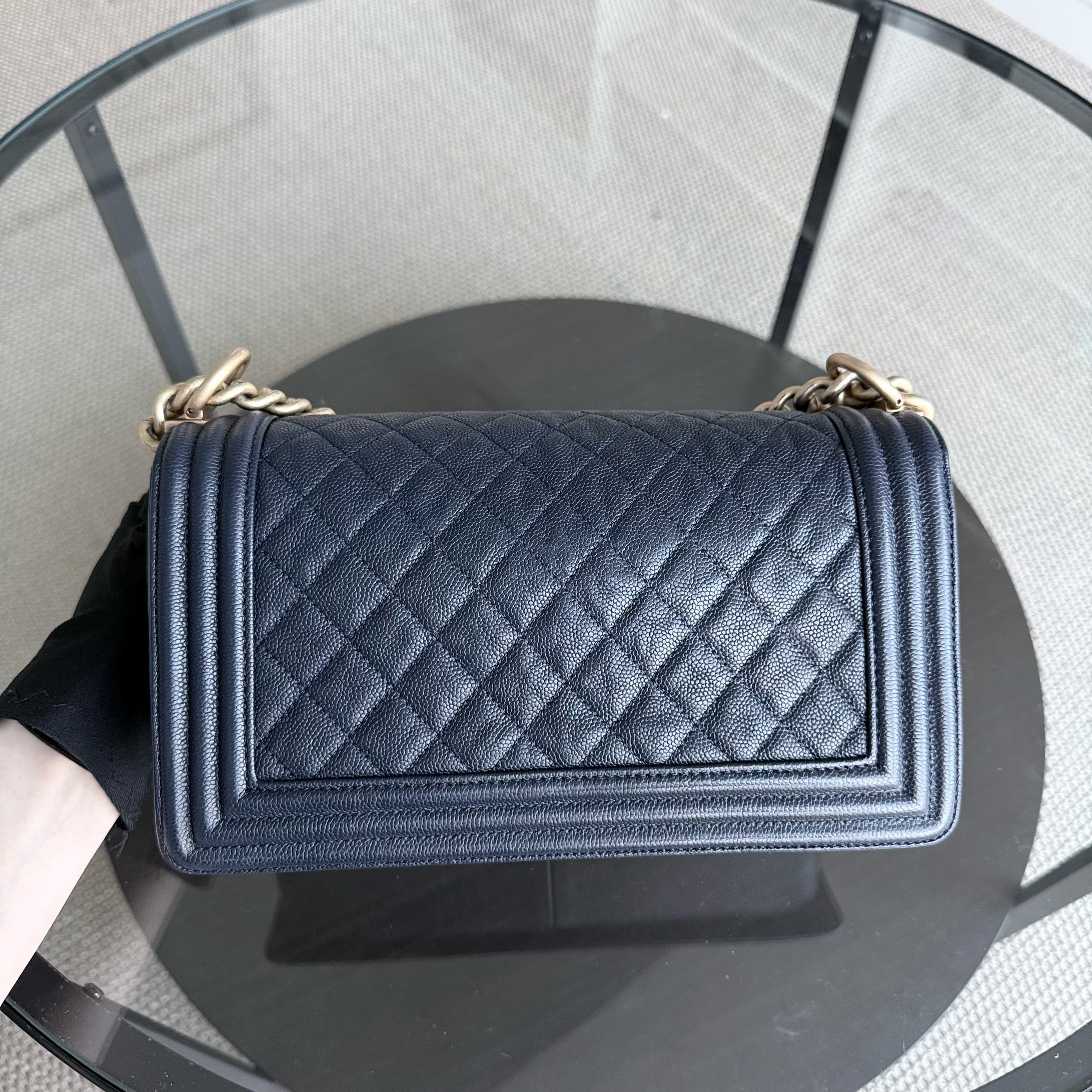 Chanel Boy Medium - Caviar 25CM Quilted Dark Blue Gold Hardware Series 25
