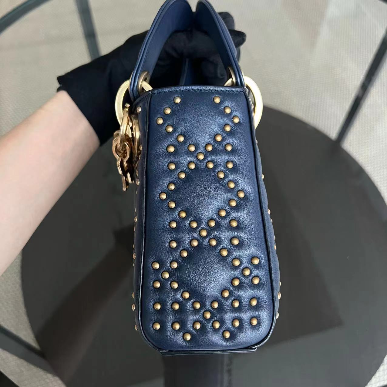 Dior Lady Mini - Studded Calfskin Dark Blue Golden Hardware