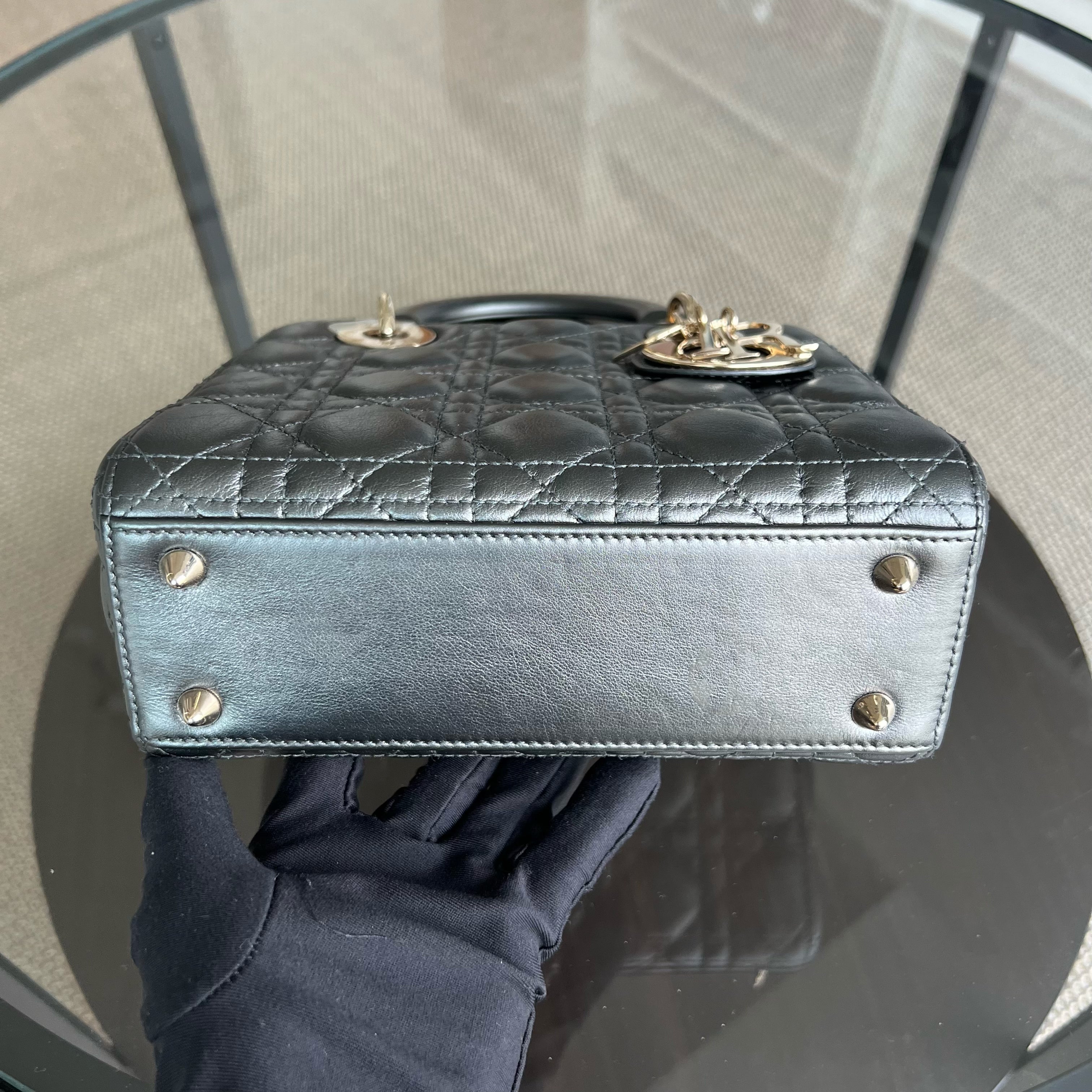 *ABC Strap* Dior Lady Small MyABC Cannage Calfskin Metallic Gunmetal Grey Golden Hardware