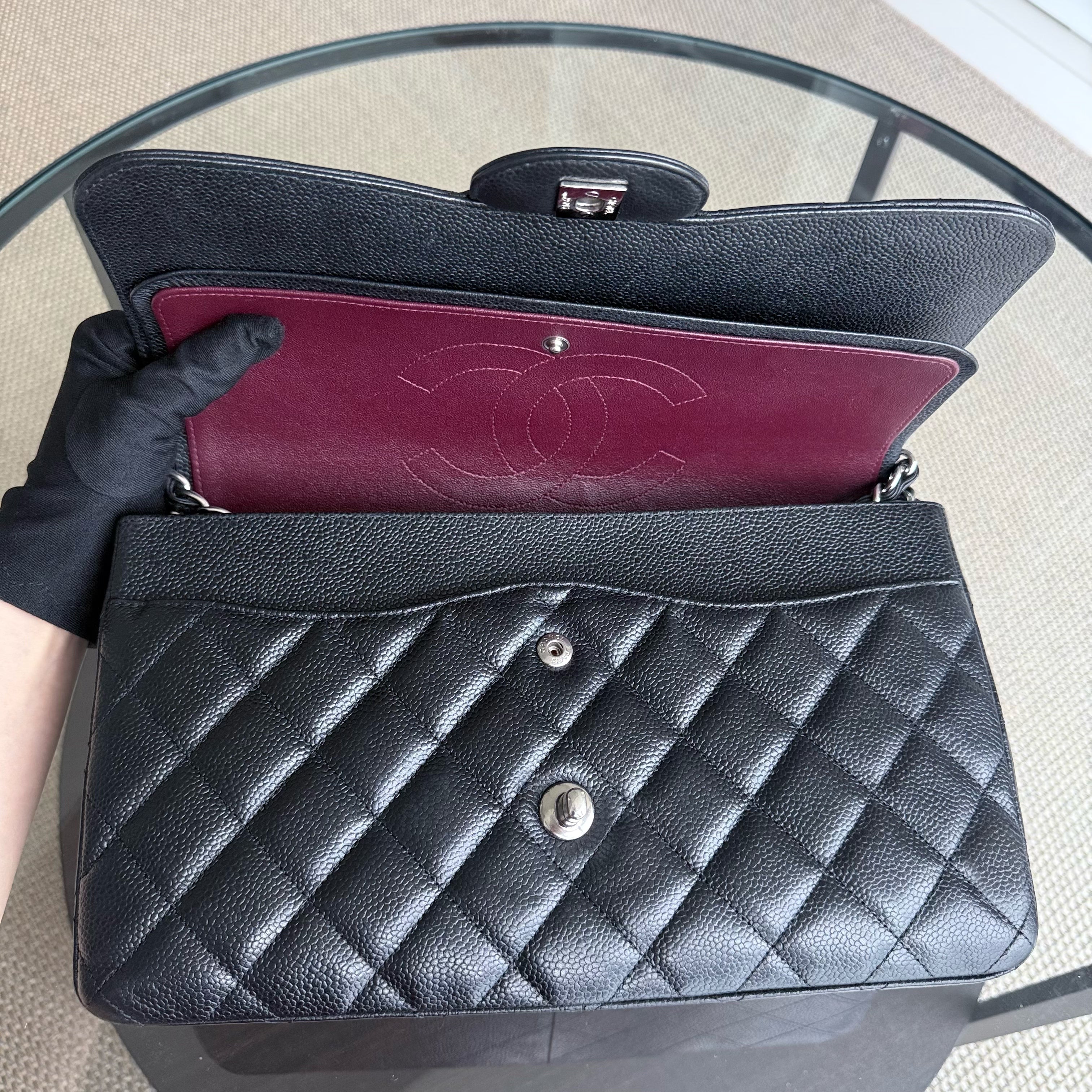 Chanel Classic Flap Jumbo - Caviar 30CM Double Flap Quilted Black Silver Hardware Series 18