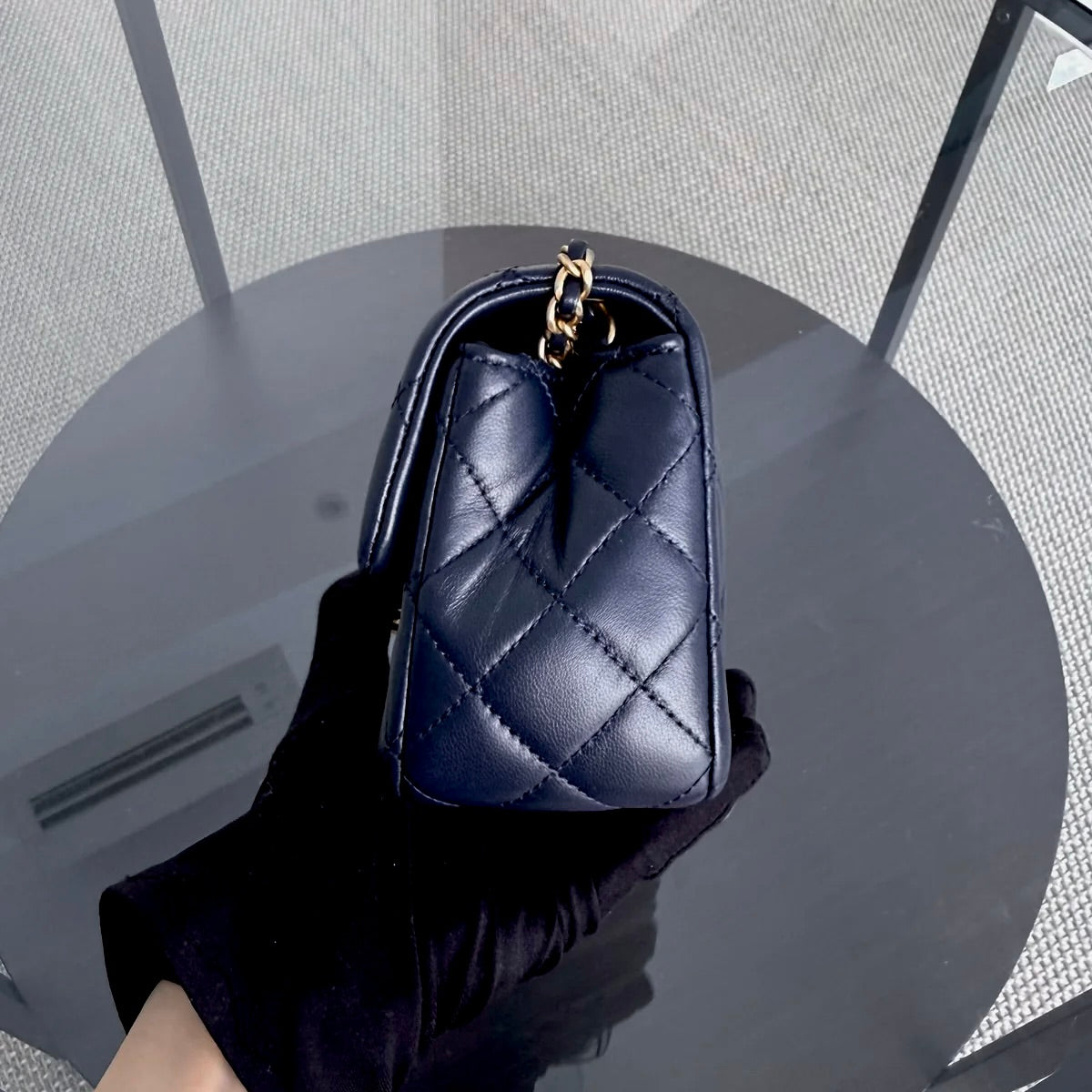 Chanel Classic Flap Mini - 20CM Rectangle Pearl Crush Quilted Lambskin Dark Blue Gold Hardware Series 30